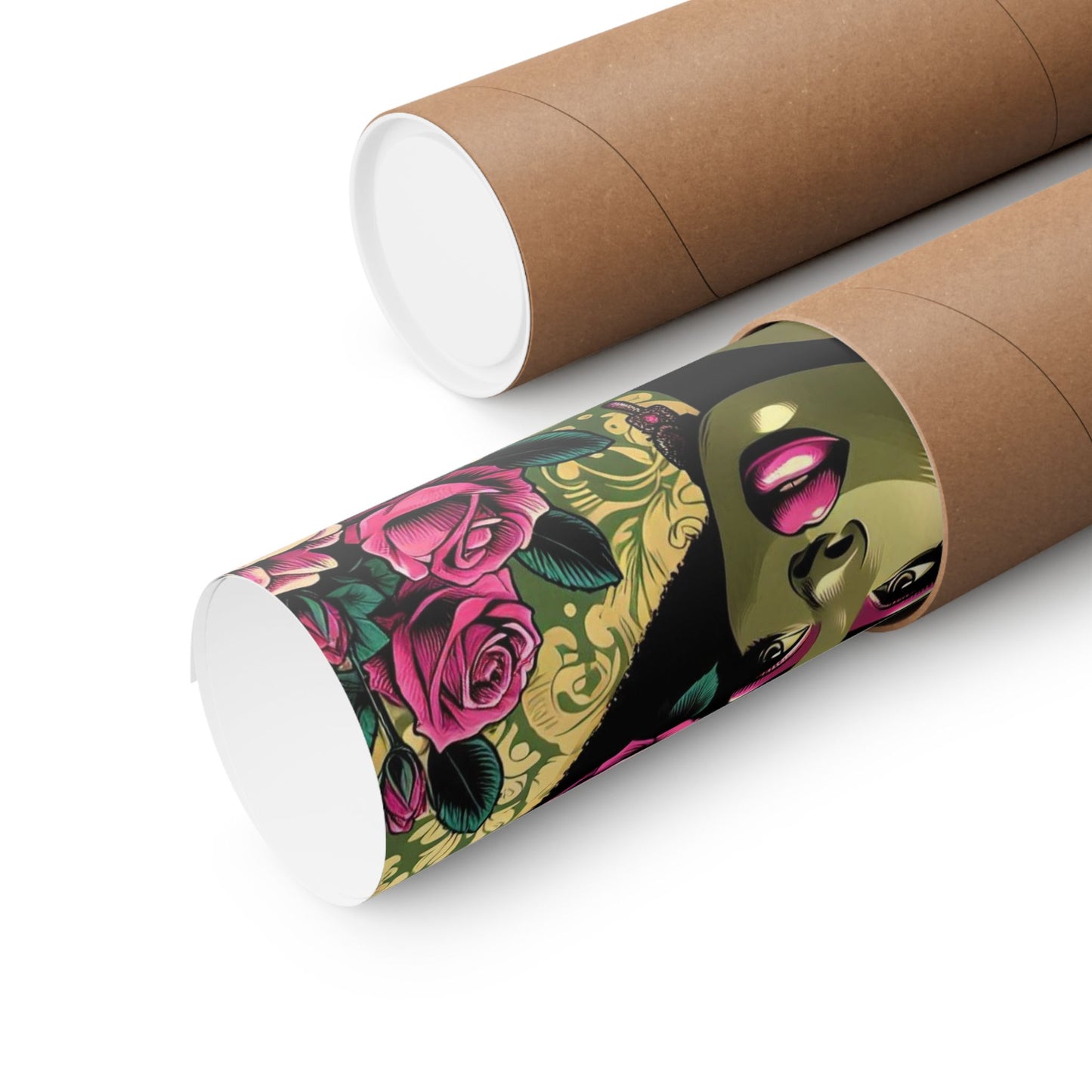 Floral Afro Art Poster - Elegant Matte Vertical Wall Decor - Olive Green Lady & Damask