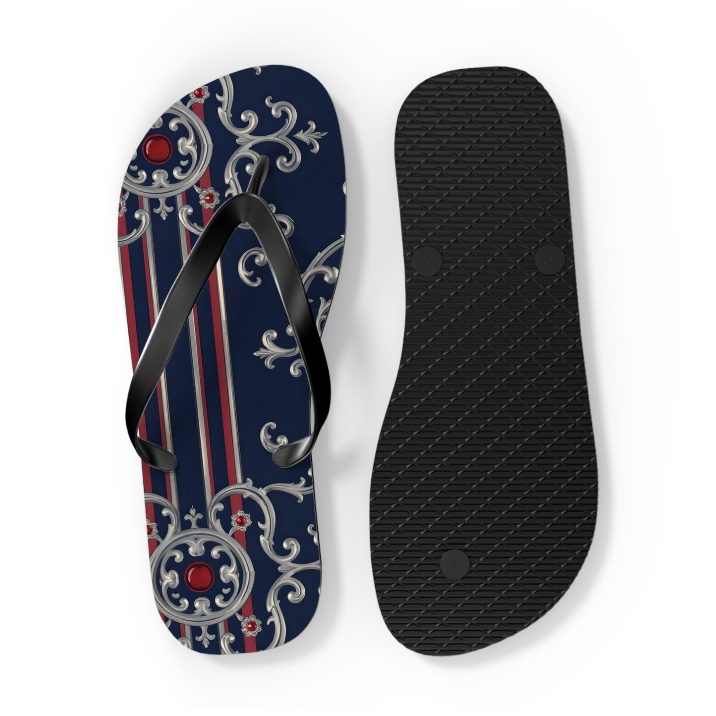 Elegant Nautical Flip Flops | Perfect for Beach Days, Summer Parties, Travel, Vacation, Poolside Relaxation - Blue & Red Striped Silver Baroque