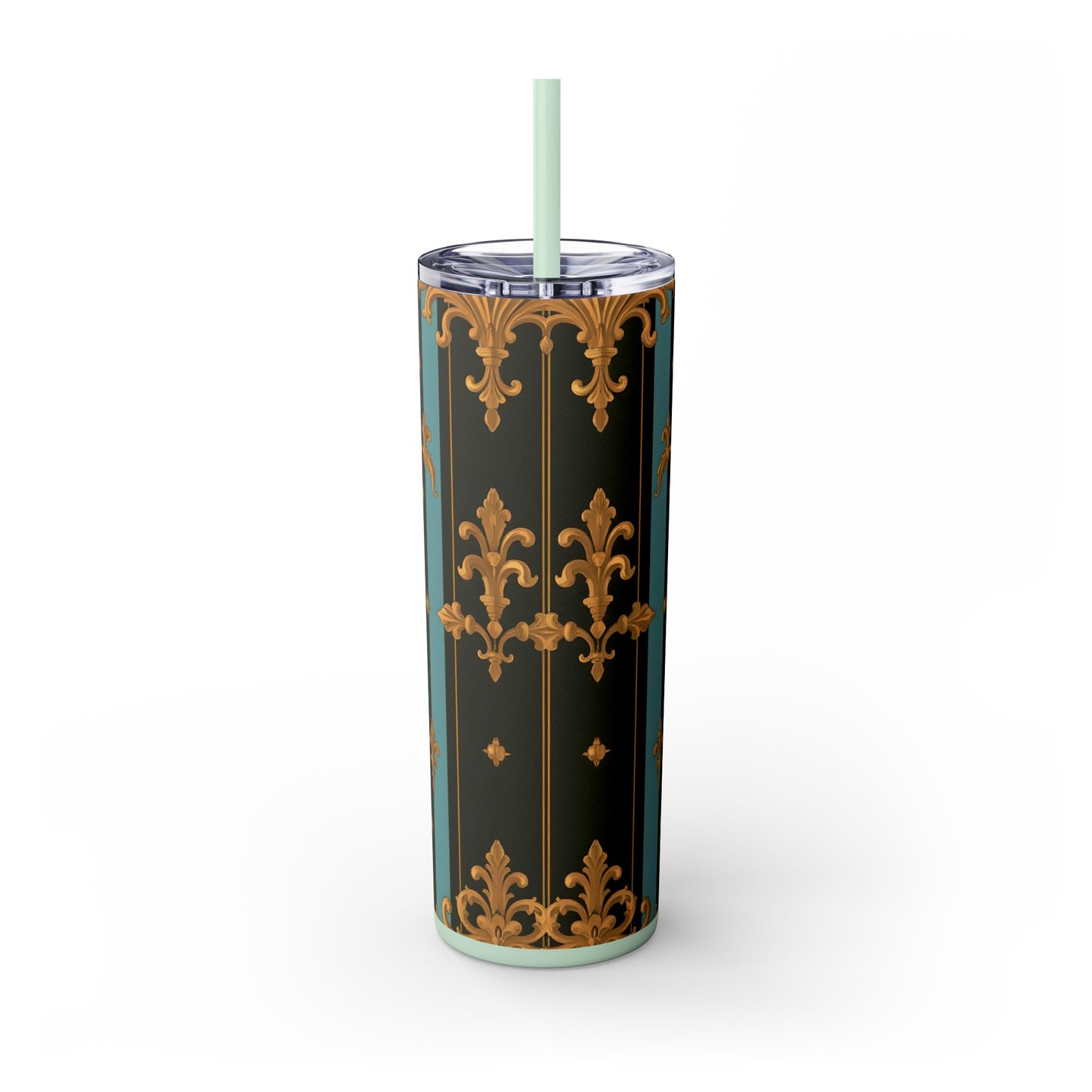 Elegant Vintage Skinny Tumbler with Straw, 20oz | Gold Floral Pattern, Reusable Drinkware, Perfect for Home - Black & Turquoise Striped Baroque