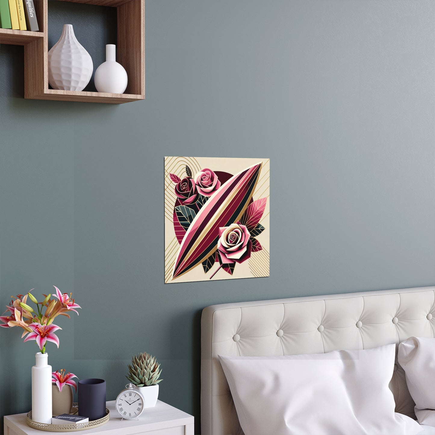Elegant Floral Silk Poster - Indoor/Outdoor Wall Art for Home Decor - Pink & Burgundy Striped Surfboard & Roses
