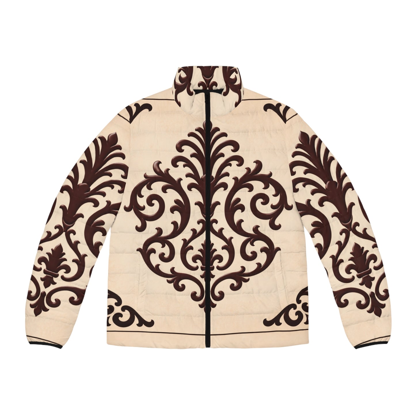Almond-Beige & Brown Baroque Men's Baroque Pattern Puffer Jacket —Baroque Design