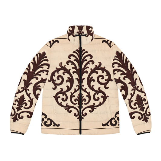 Almond-Beige & Brown Baroque Men's Baroque Pattern Puffer Jacket —Baroque Design
