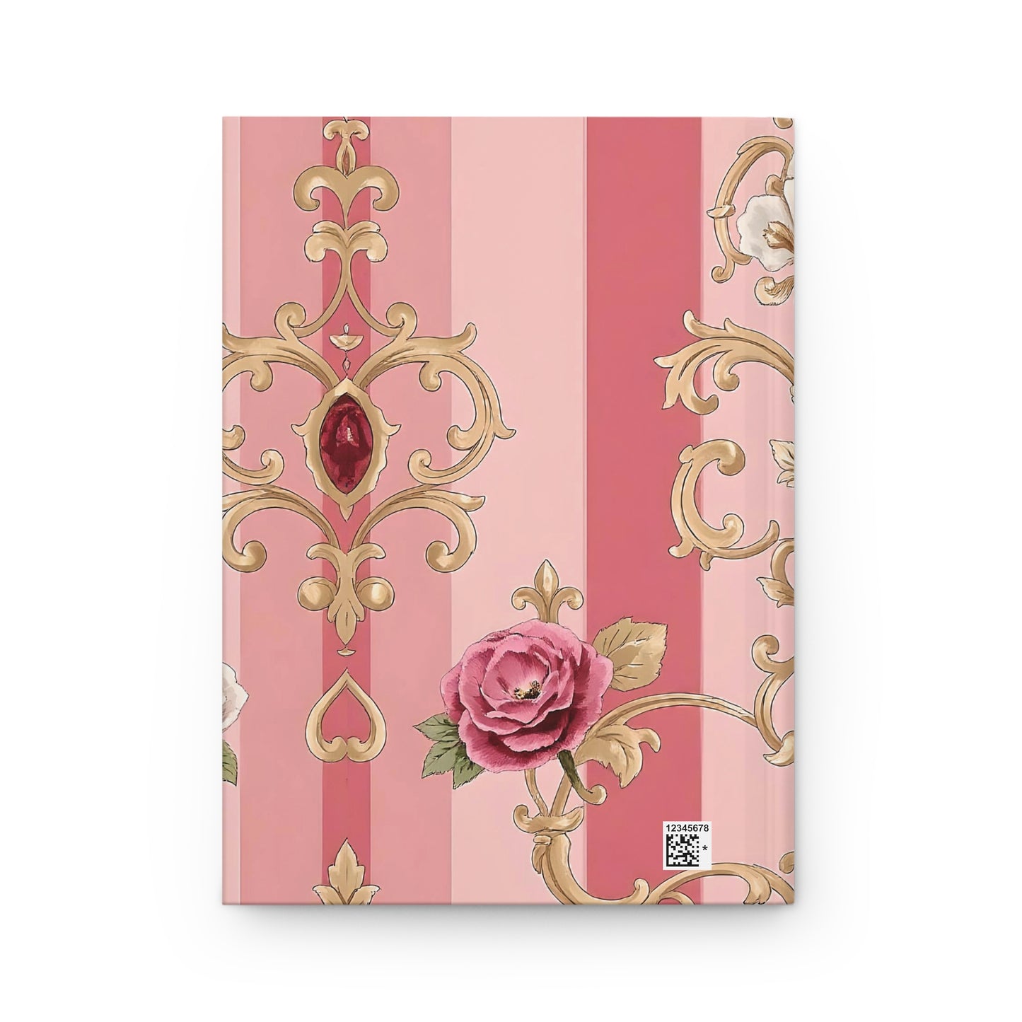 Elegant Floral Motif Hardcover Journal - Stylish Writing Notebook - Pink Striped Gold Damask