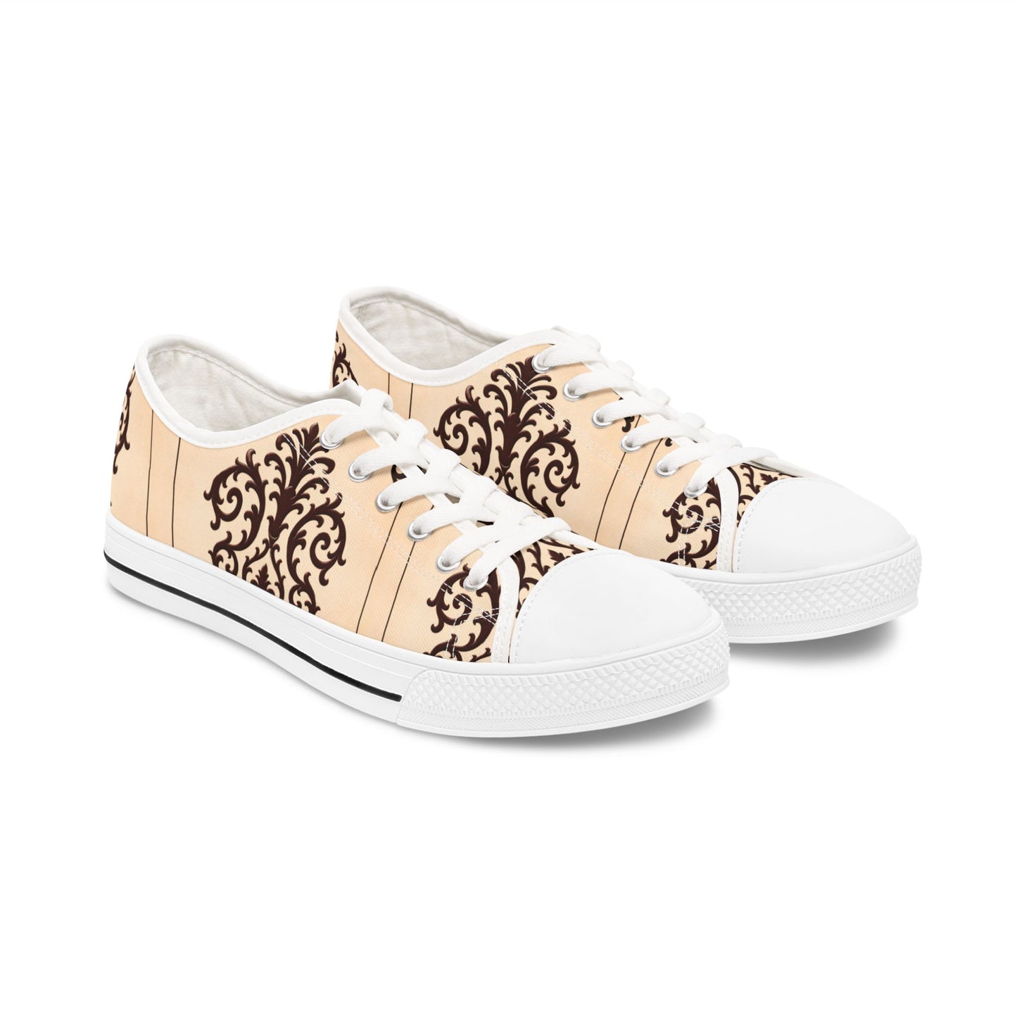 Almond-Beige & Brown Baroque Pattern Women's Low Top Sneakers — Elegant Vintage Baroque Design