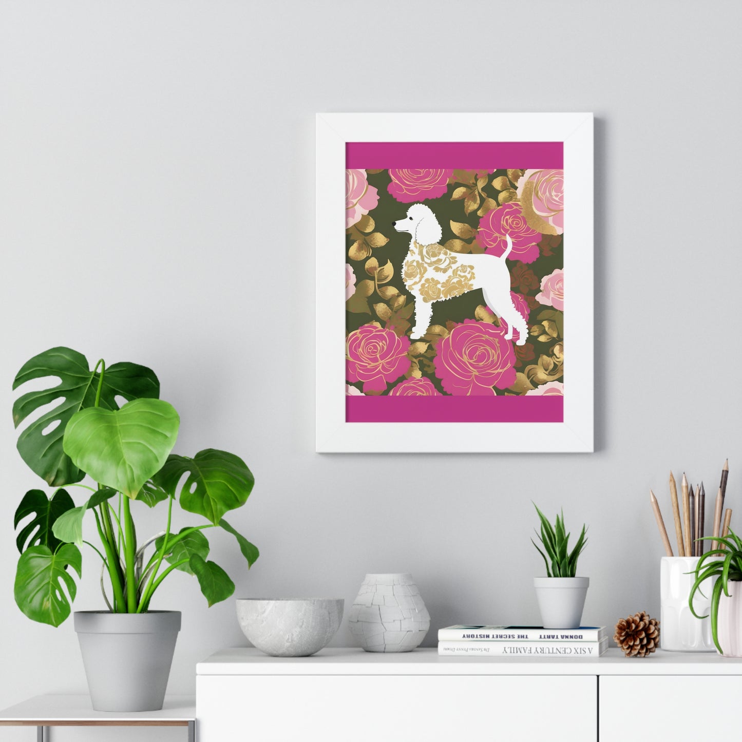 Vertical Poster - Stylish Framed - Art for Home Decor - Damask White Poodle & Pink Roses