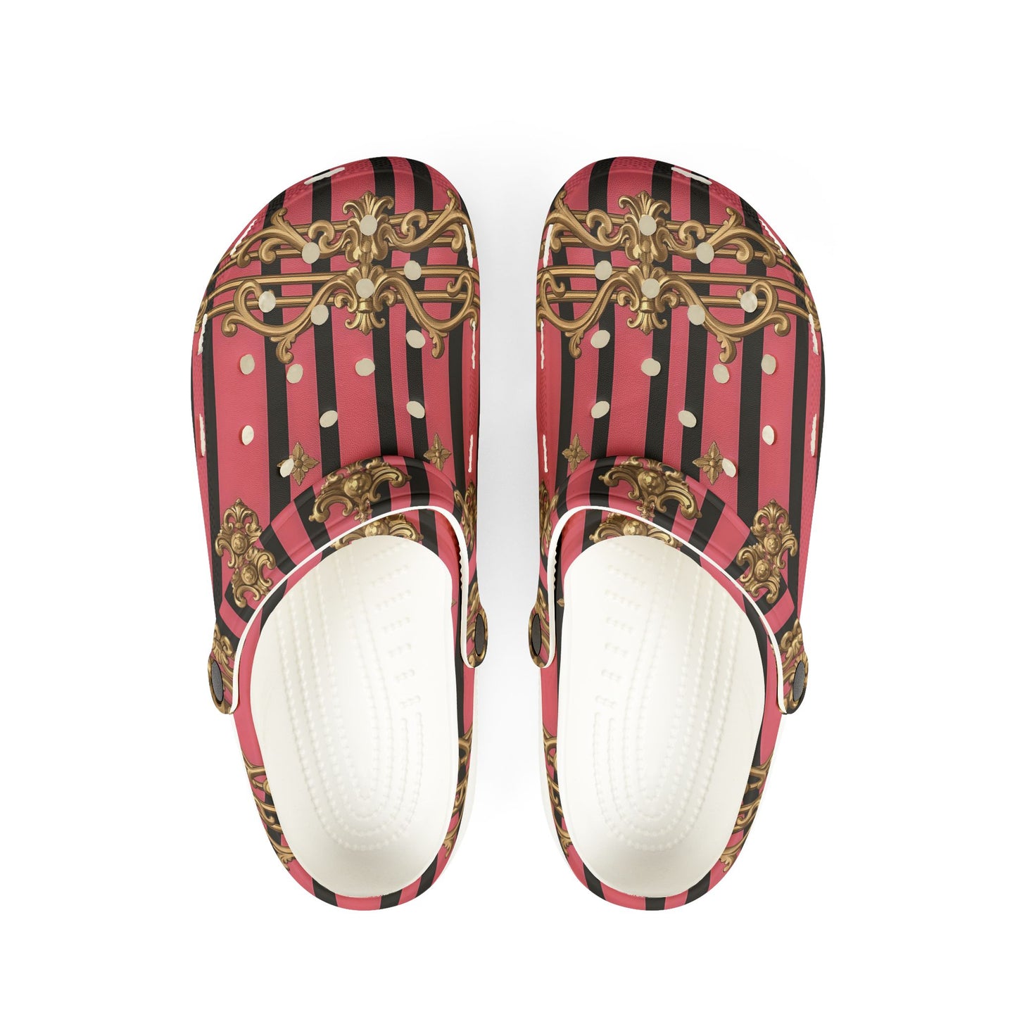 Chic Comfort EVA Foam Clogs, Stylish Slip-On Shoes for Home, Garden, and Casual Outings, Fashionable Footwear - Pink Striped Gold Rococo