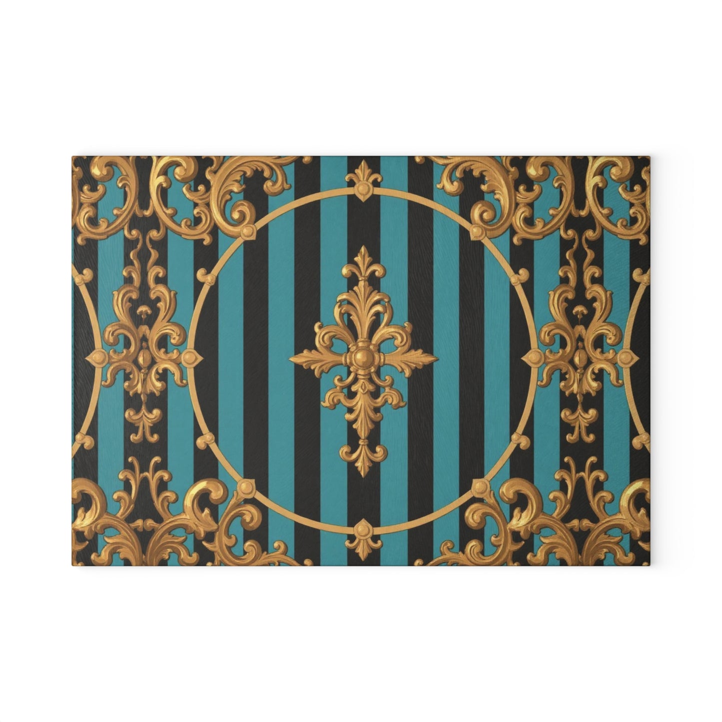 Elegant Turquoise & Black Striped Gold Baroque Decorative Glass Cutting Board | Kitchen Decor, Wedding Gift, Home Cook, Housewarming Gift