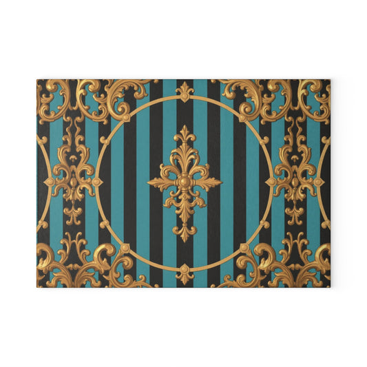 Elegant Turquoise & Black Striped Gold Baroque Decorative Glass Cutting Board | Kitchen Decor, Wedding Gift, Home Cook, Housewarming Gift