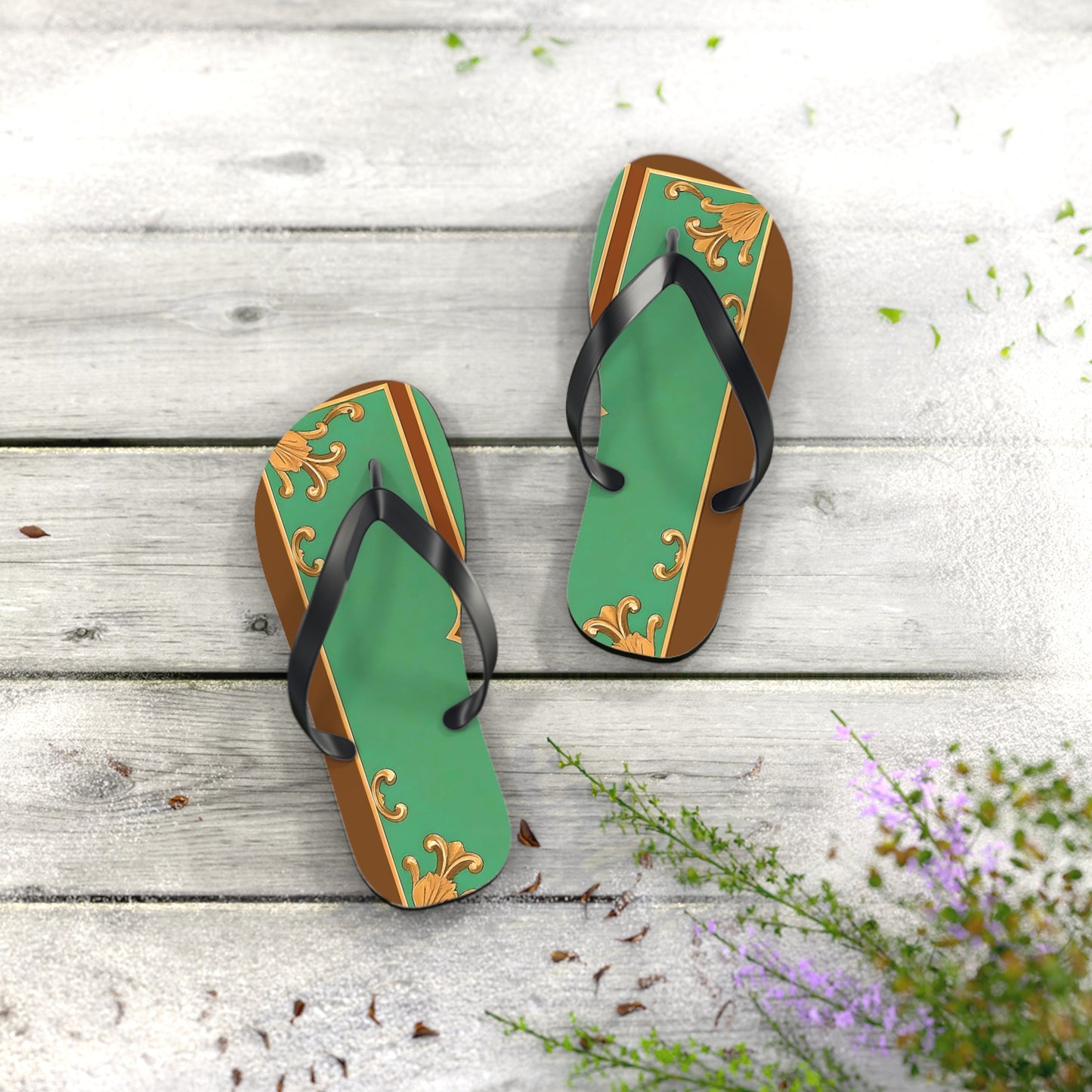 Elegant Floral Flip Flops for Summer Getaways - Rust & Green Striped Baroque