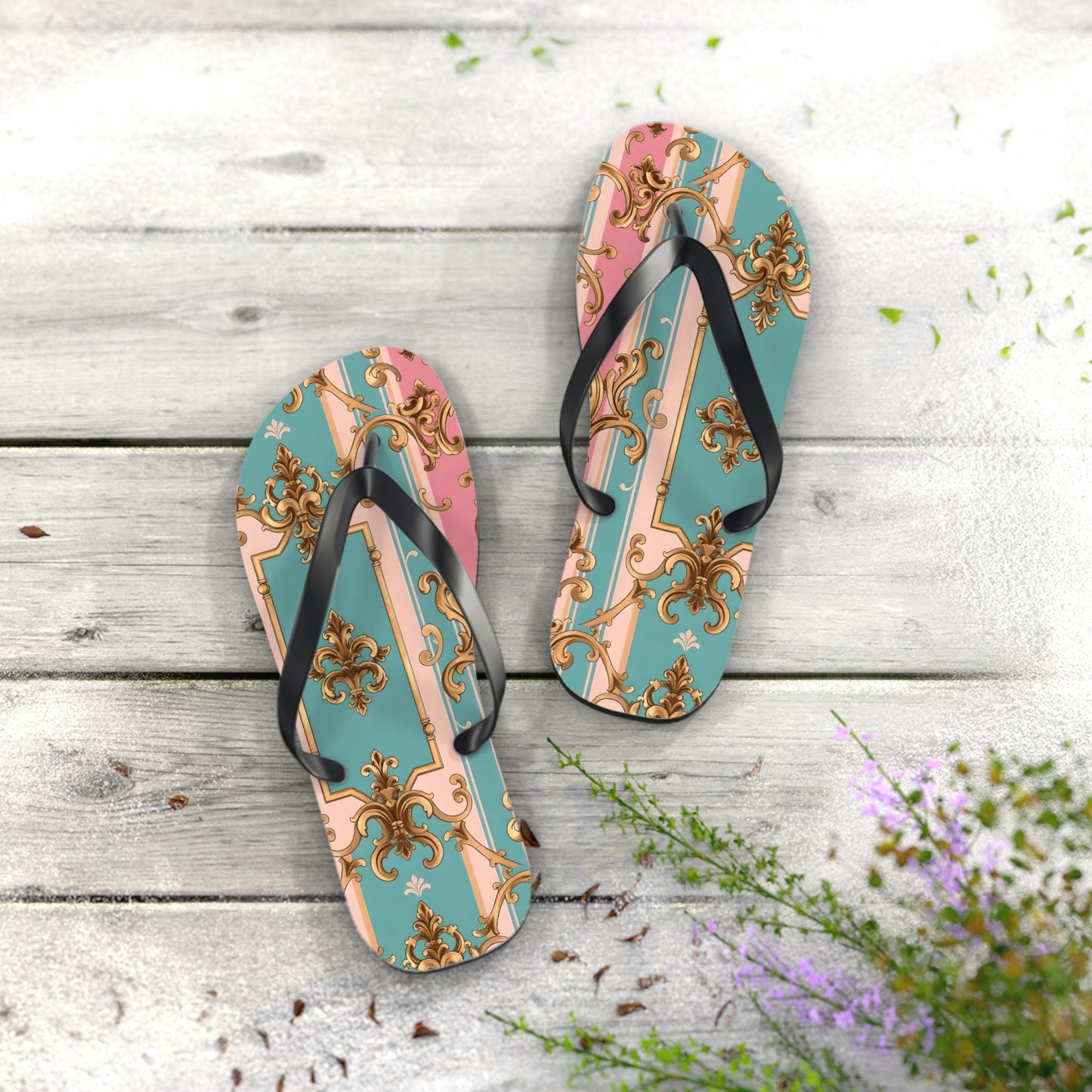 Stylish Flip Flops: Vintage Elegance for Summer Fun, Beachwear, Poolside, Vacation Essentials, Gift for Her - Pink & Matte Turquoise Striped Rococo
