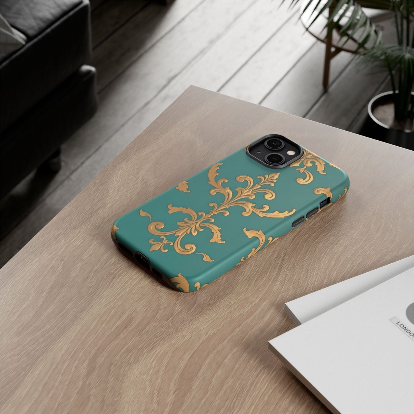 Elegant Floral Motif Phone Case - Tough Cases with Vintage Design - Aqua & Gold Damask