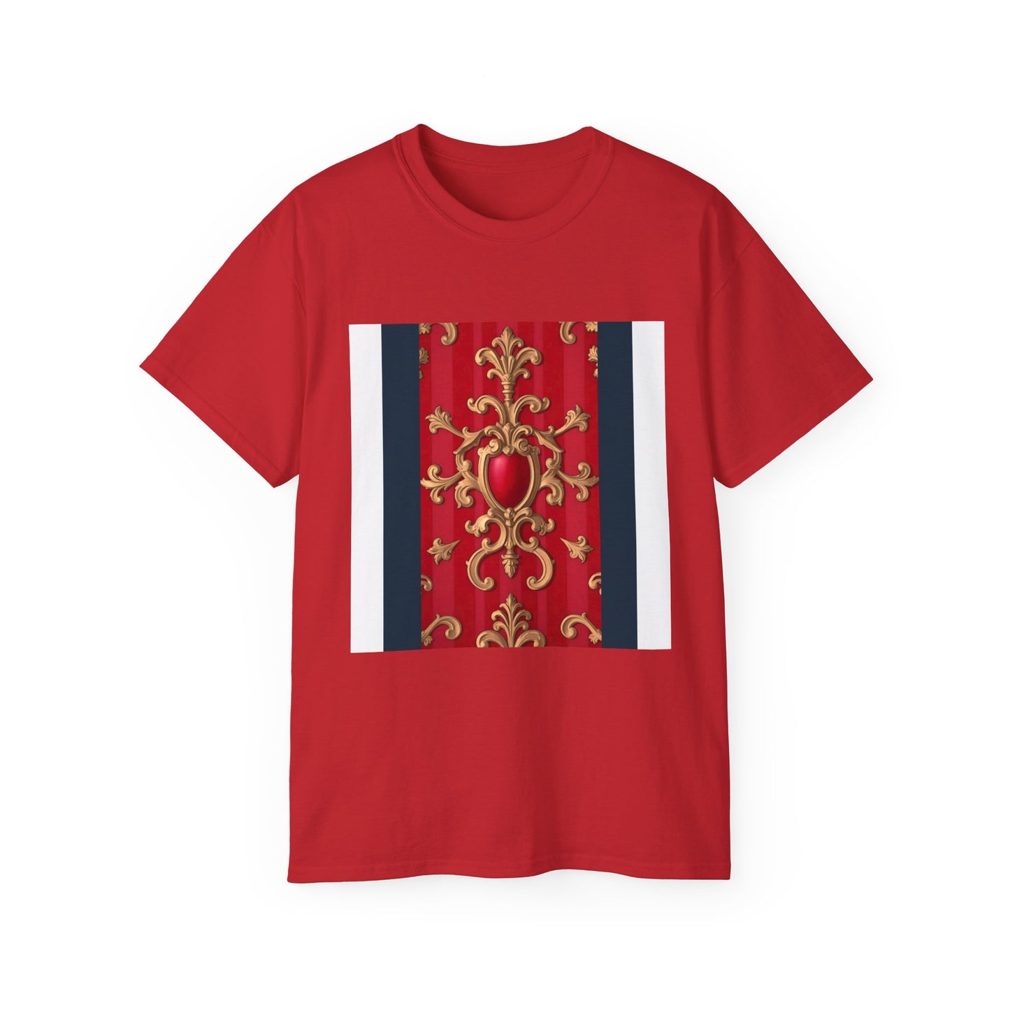 Regal Red Baroque T-Shirt, Artistic Tee, Gift for Art Lovers, Fashionable Statement Shirt, Unique Graphic Top - Blue, Red & White Striped Baroque