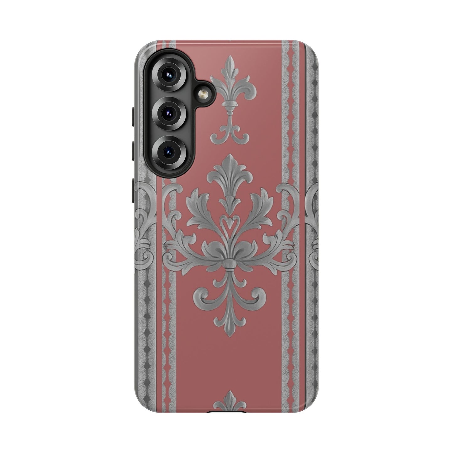 Elegant Floral Phone Case - Tough Cases for Stylish Protection - Gray & Mauve Striped Baroque