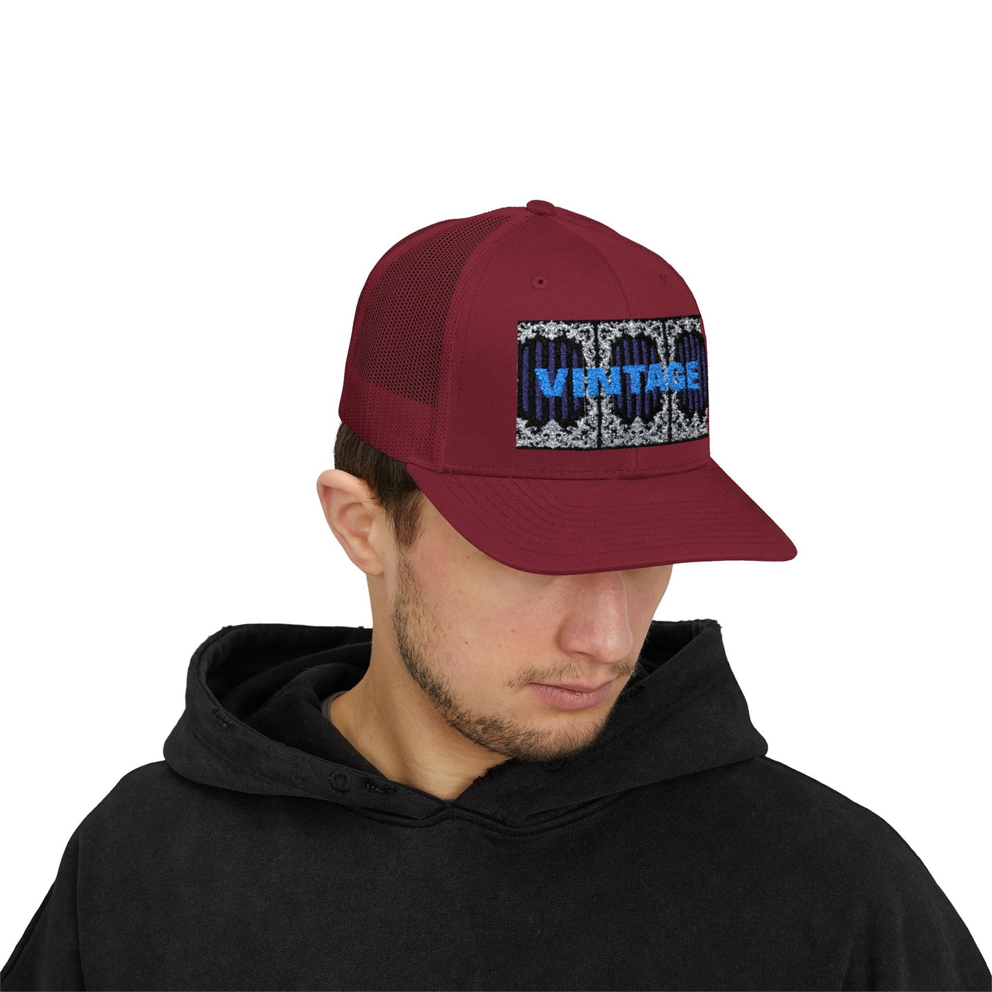 Vintage Navy Stripes & Baroque Trucker Cap — Retro 'VINTAGE' Embroidered Snapback