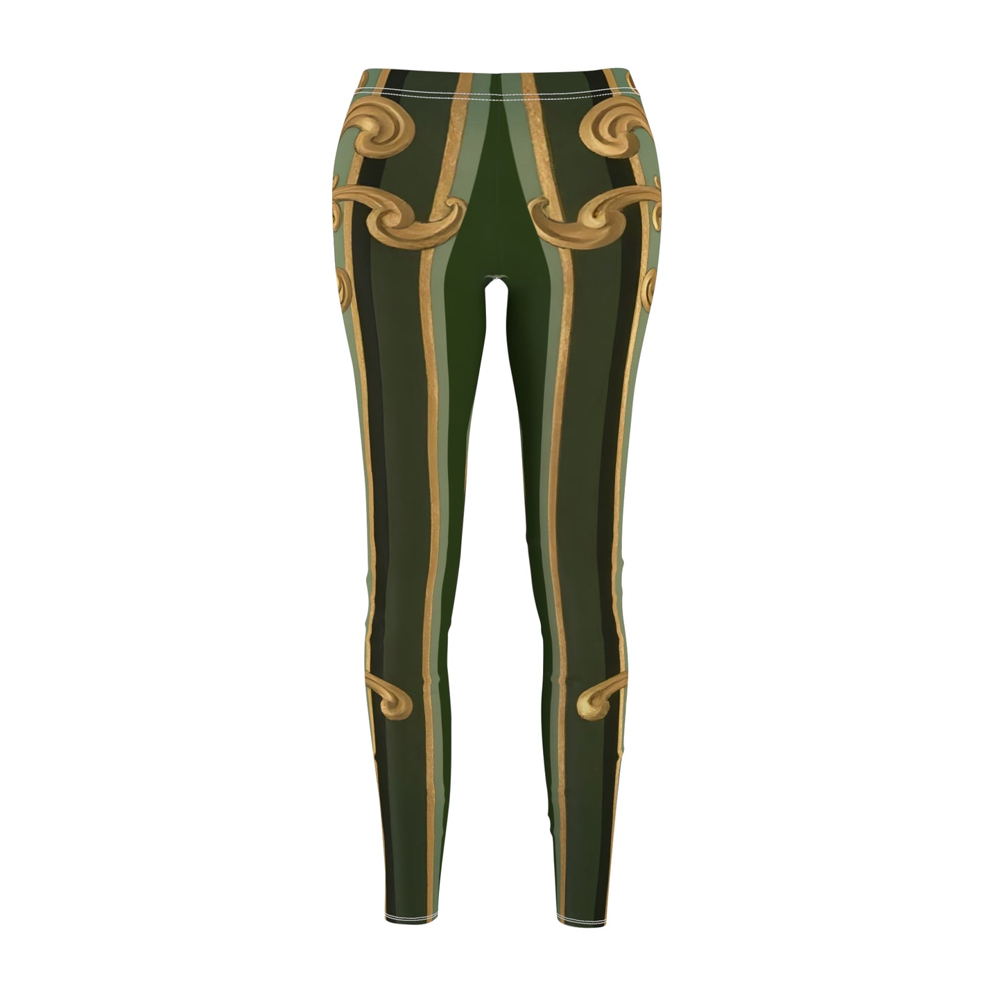 Elegant Women's Leggings with Gold Design, Casual Leggings, Fashion Leggings, Unique Workout Pants - Green Striped Gold Baroque