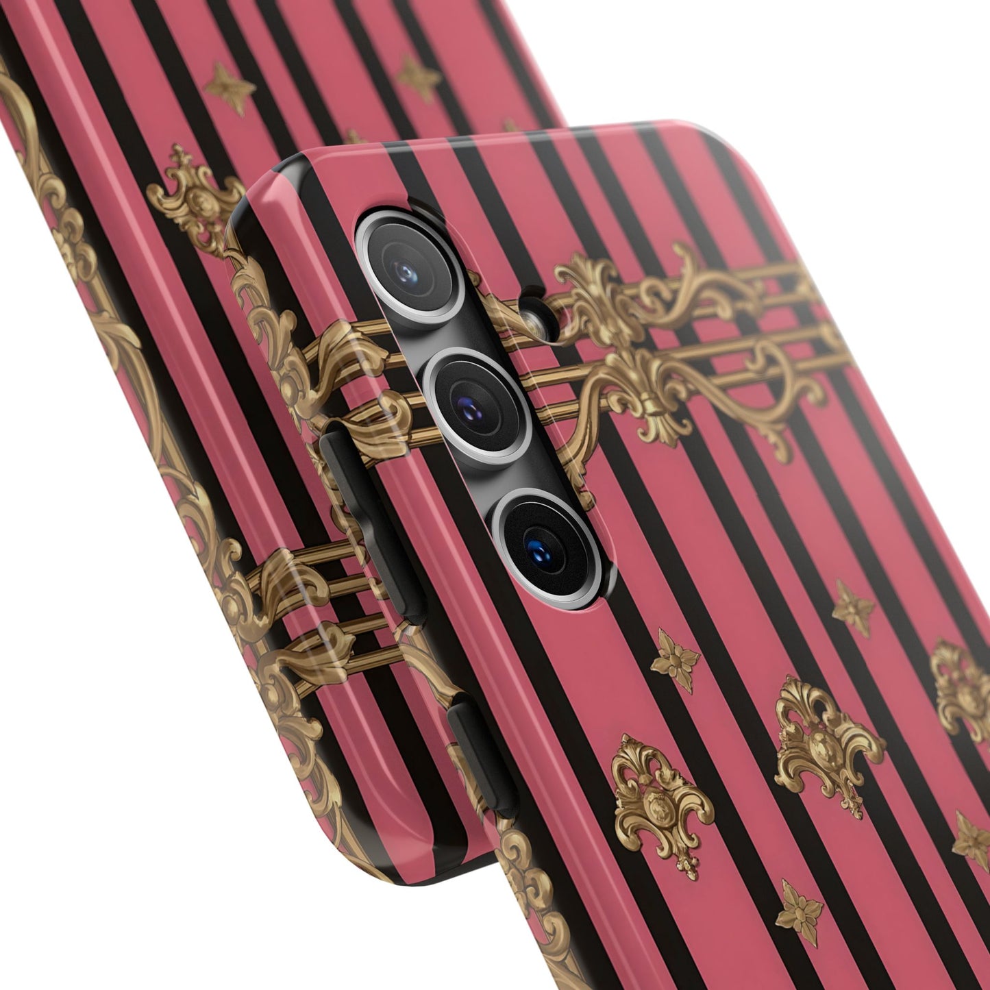 Elegant Floral Phone Cases, Stylish Protective Case for Trendy Individuals, Unique Gift for Tech Lovers, Phone Accessories - Pink Striped Gold Rococo