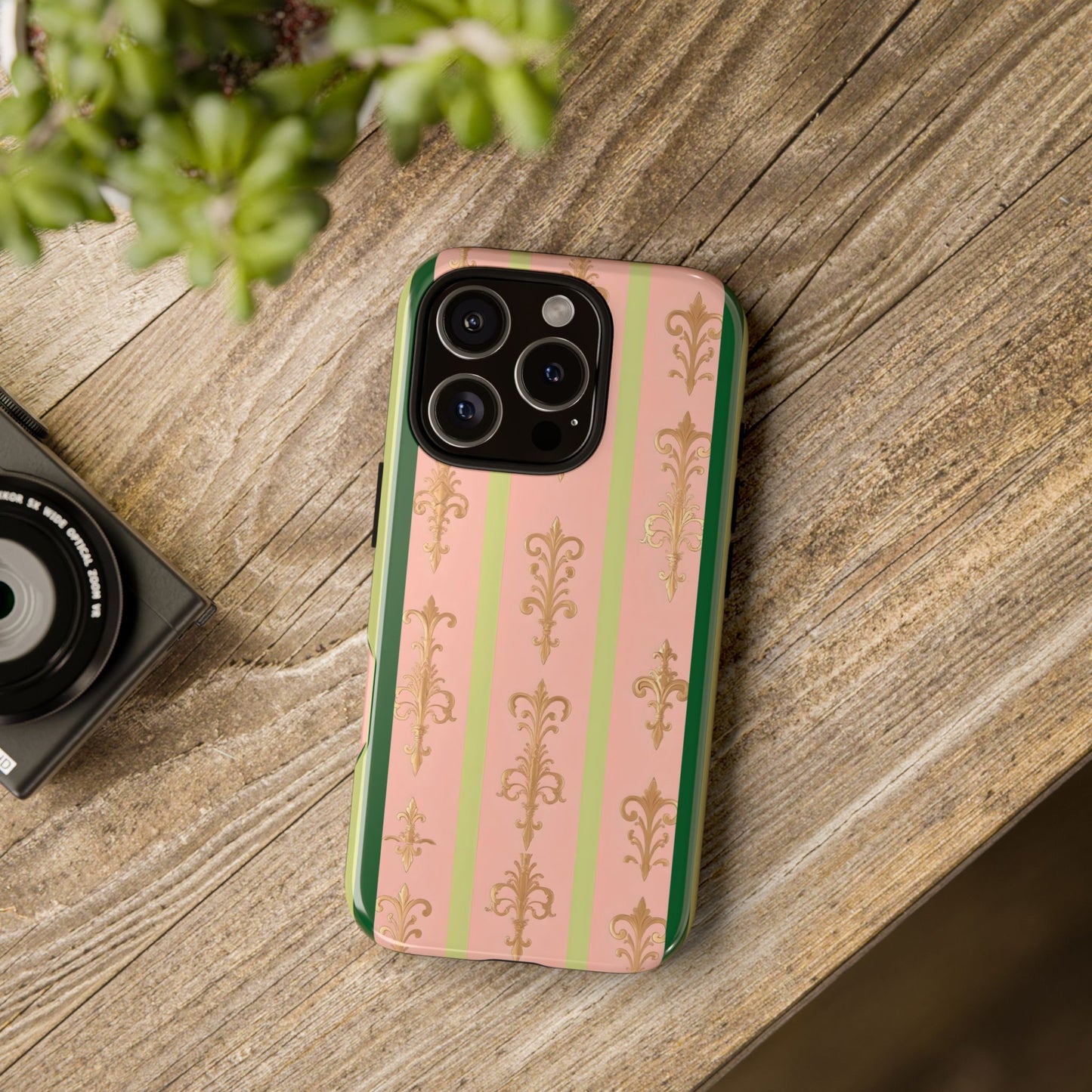 Elegant Floral Motif Phone Case - Tough Cases with Vintage Design - Lime Green & Pink Striped Damask