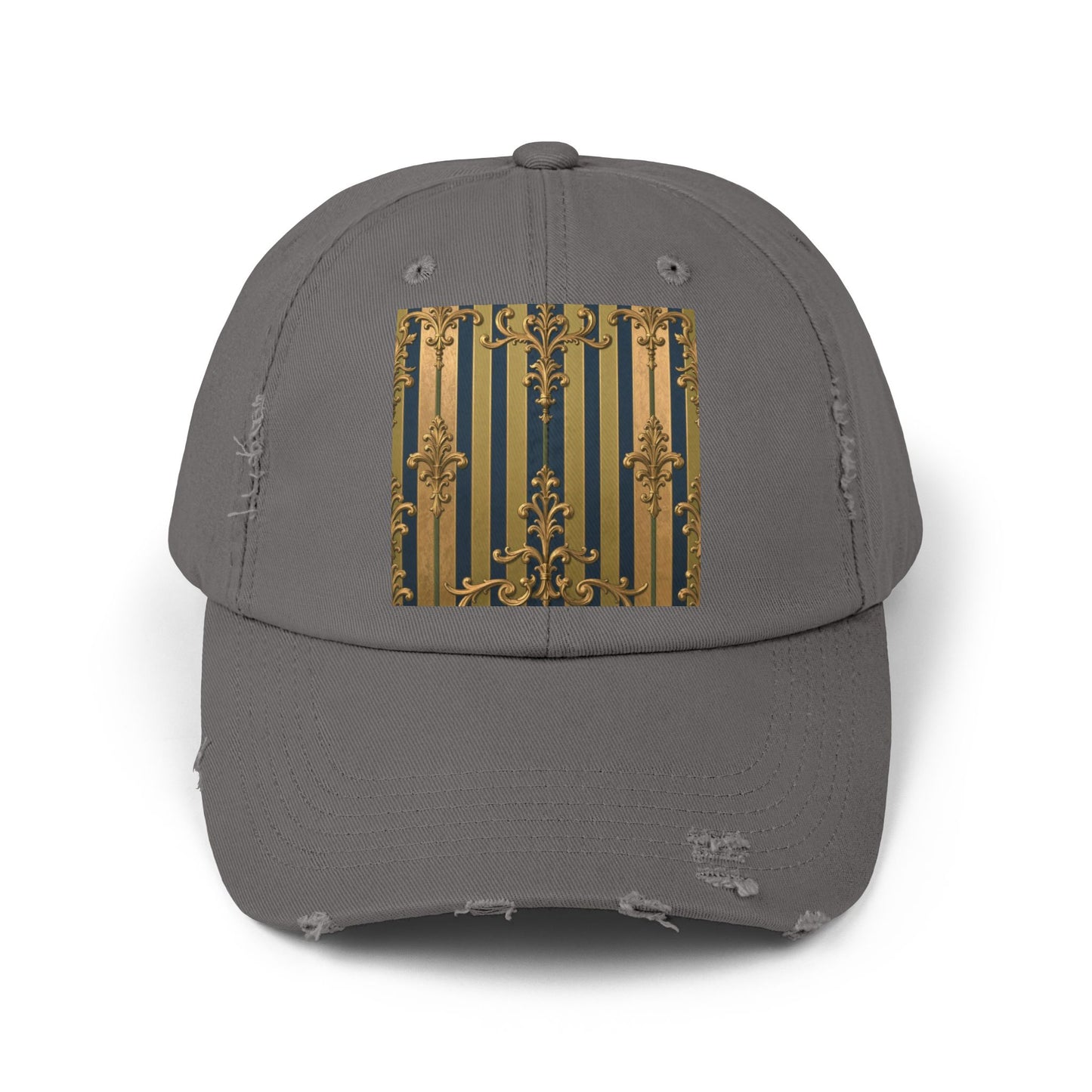 Stylish Midnight Blue & Olive Striped Gold Baroque Unisex Distressed Cap with Elegant Gold Accent, Fashionable Hat for Casual Days, Gift for Birthdays