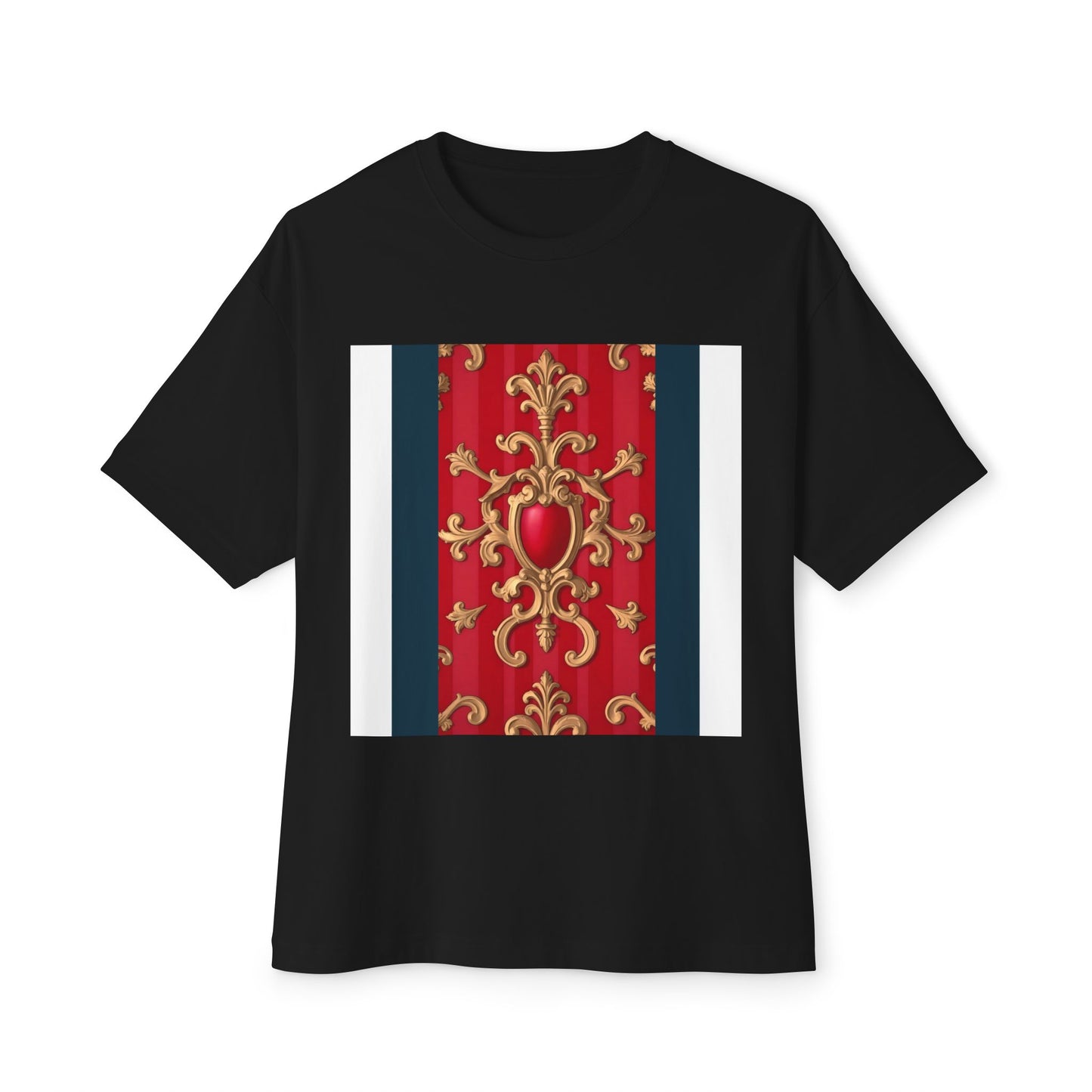 Elegant Vintage Design Oversized Tee, Boho T-Shirt, Festival Top, Unique Gift, Trendy Casual Wear - Blue, Red & White Striped Baroque