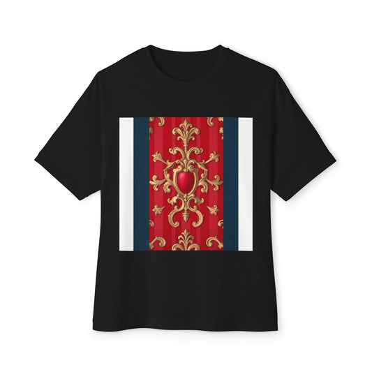 Elegant Vintage Design Oversized Tee, Boho T-Shirt, Festival Top, Unique Gift, Trendy Casual Wear - Blue, Red & White Striped Baroque