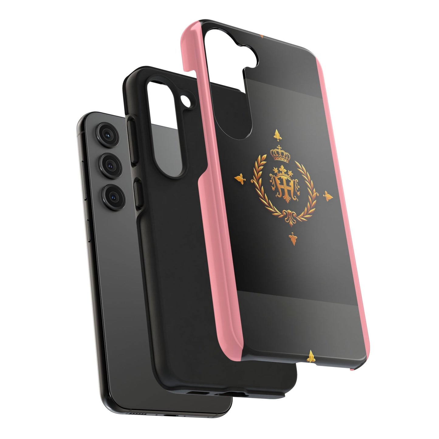 Tough Phone Case with Regal Design - Elegant Phone Protection, Gift for Him/Her, Royalty Inspired - Pink Striped Gold Crest