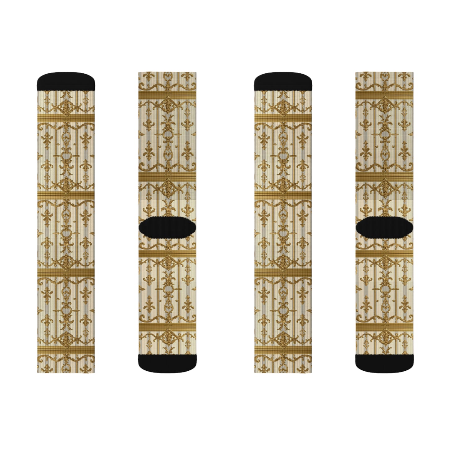Stylish Sublimation Socks with Elegant Pattern, Unique Gift for Fashion Lovers, Cozy Fashion Statement - Matte Gray & Cream Striped Gold Baroque