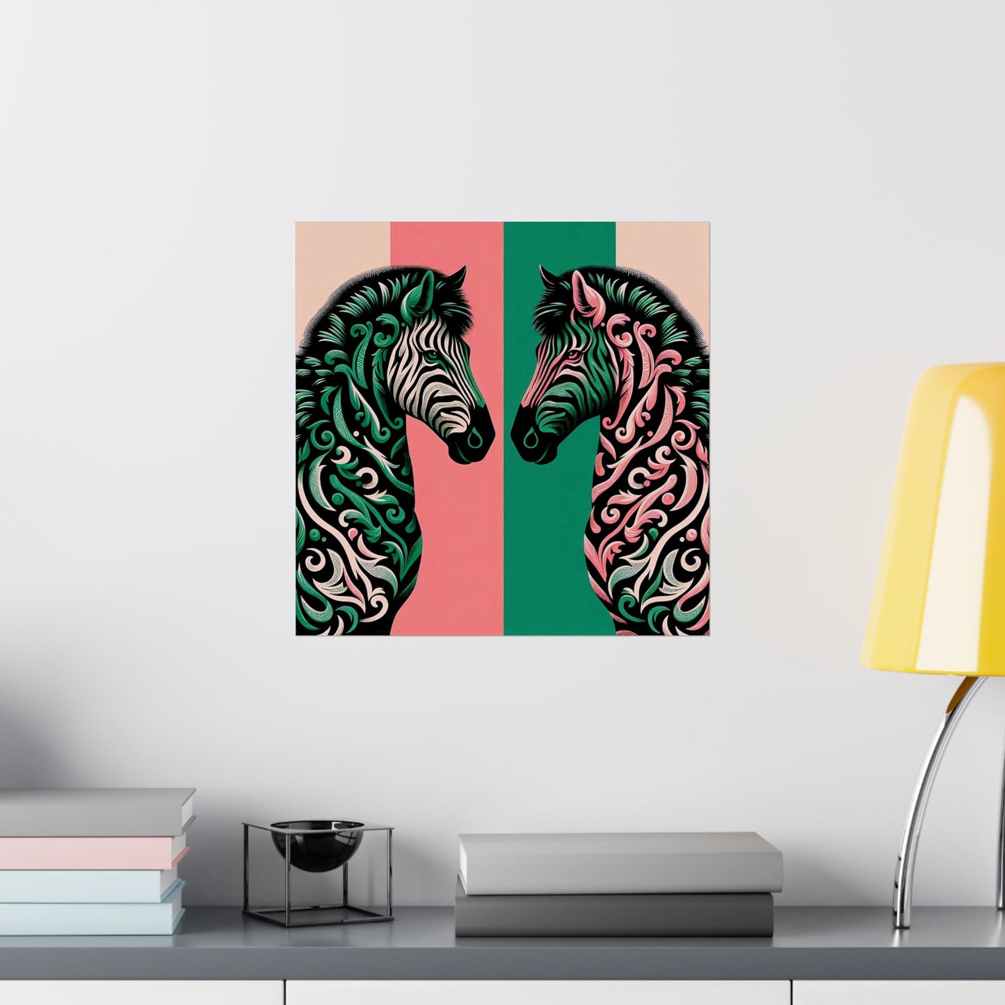 Floral Art Poster - Elegant Matte Vertical Wall Decor - Pink & Green Zebra Damask Design
