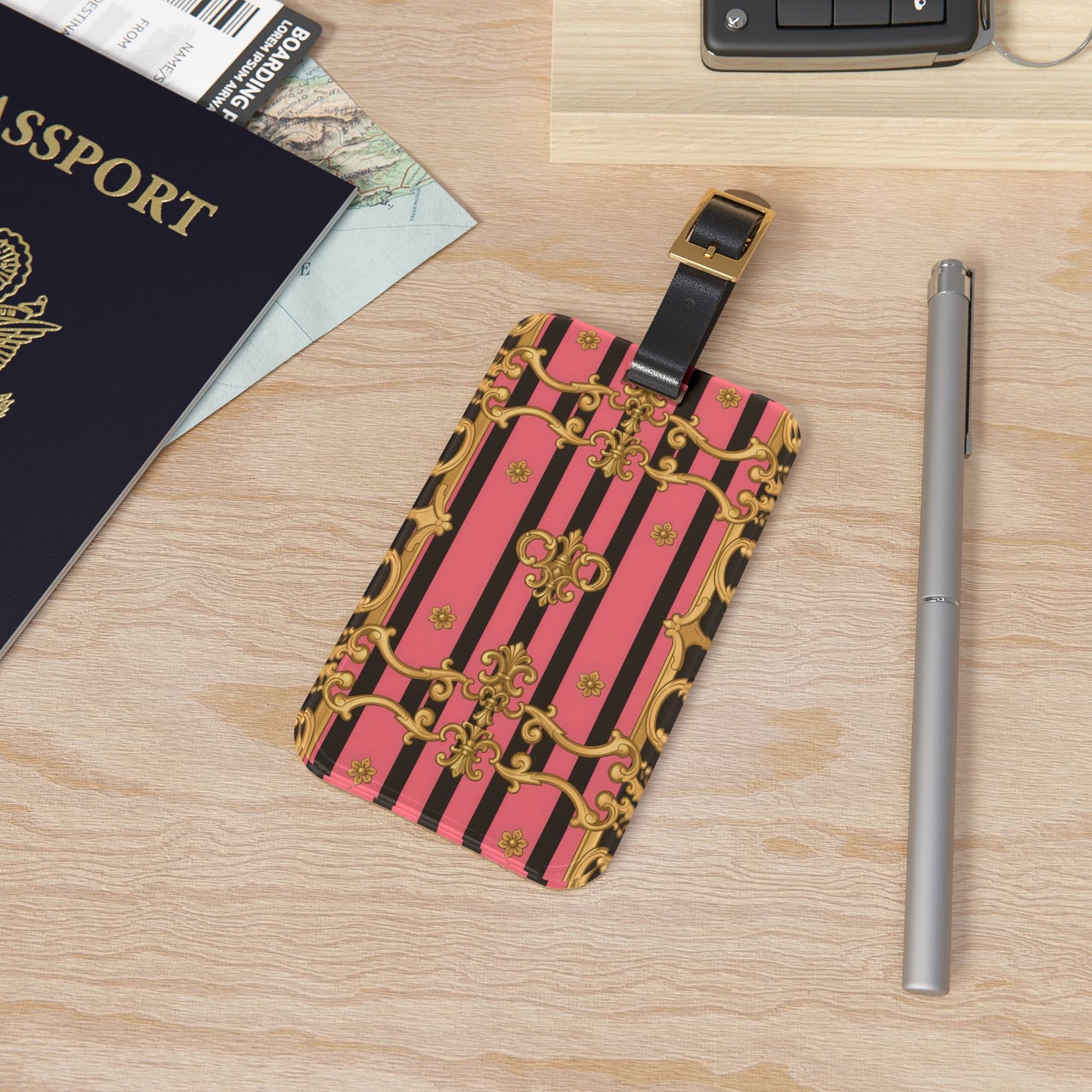 Chic Vintage Luggage Tag, Travel Accessory, Personalized Gift, Vacation Essential - Pink & Black Striped Gold Baroque