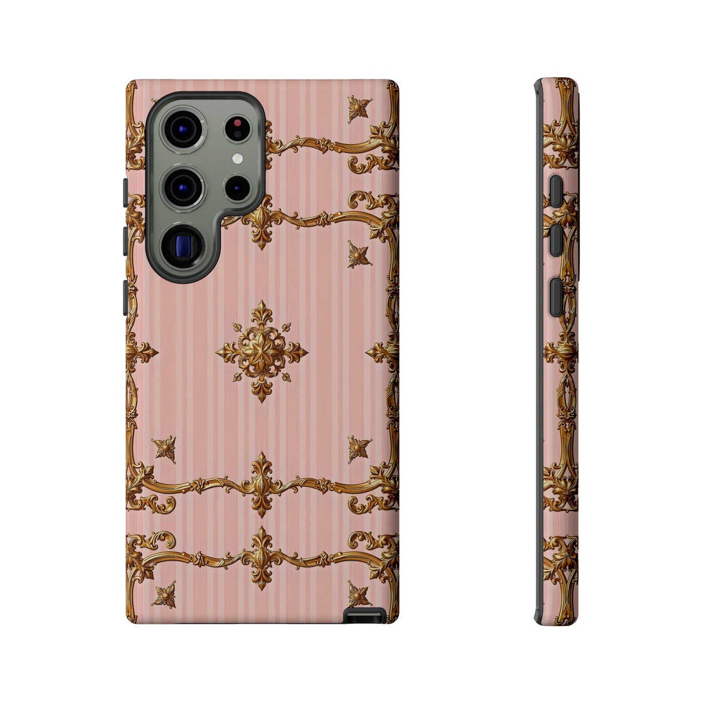 Elegant Floral Phone Case, Tough Cases for Women, Trendy Phone Cover, Chic Gift - Pink Striped Gold Baroque