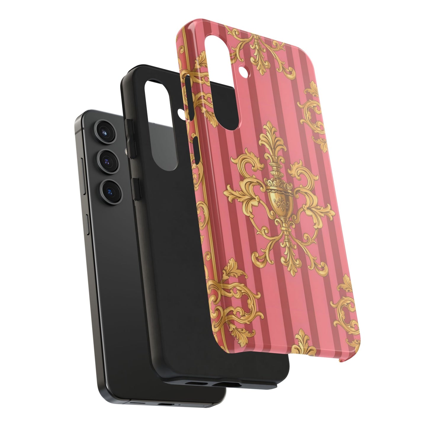 Elegant Baroque Tough Phone Cases, Durable Phone Cover, Stylish Accessory, Gift for Any Occasion - Pink Striped Gold Baroque