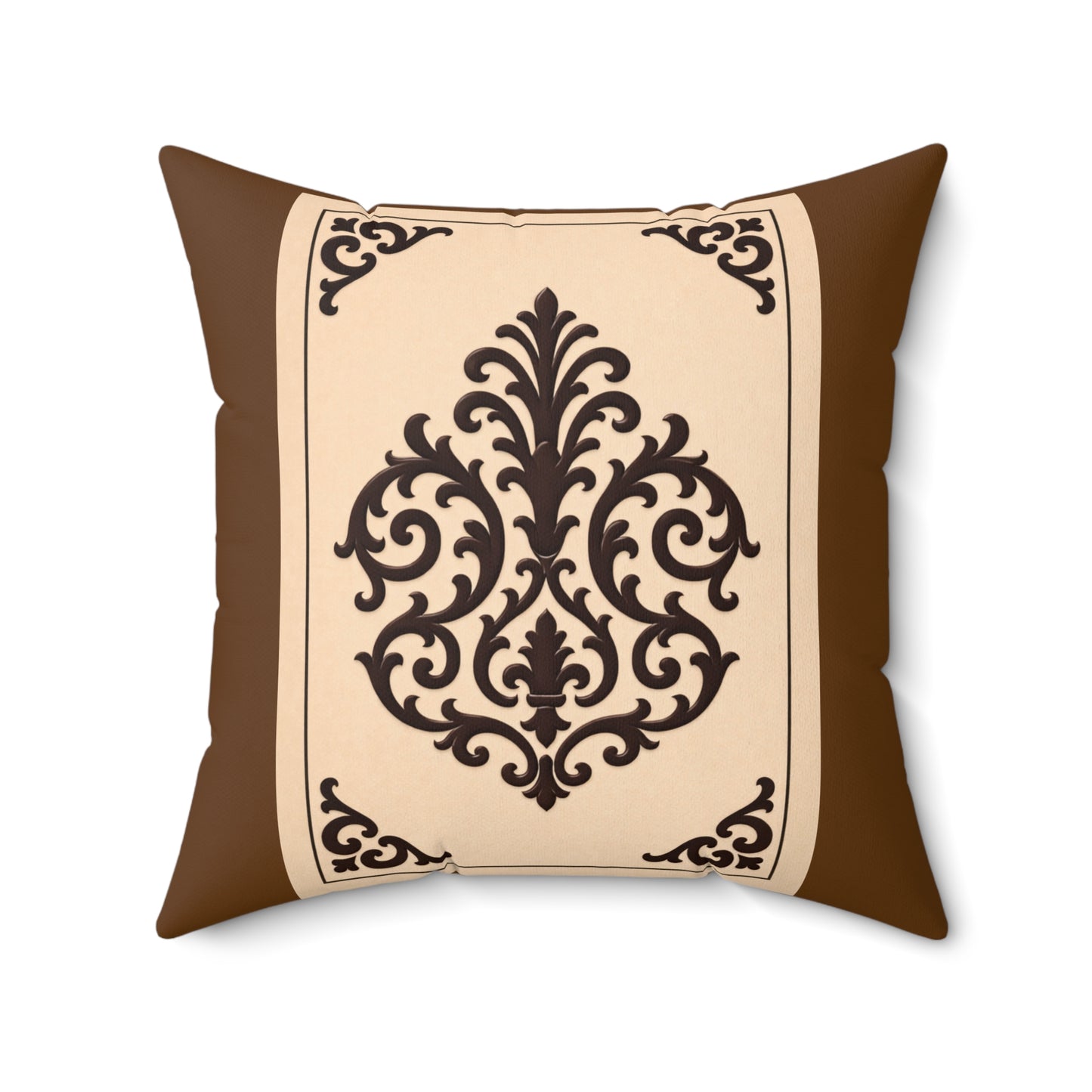 Almond-Beige & Brown Baroque Suede Pillow — Brown Ornate Square Throw Pillow
