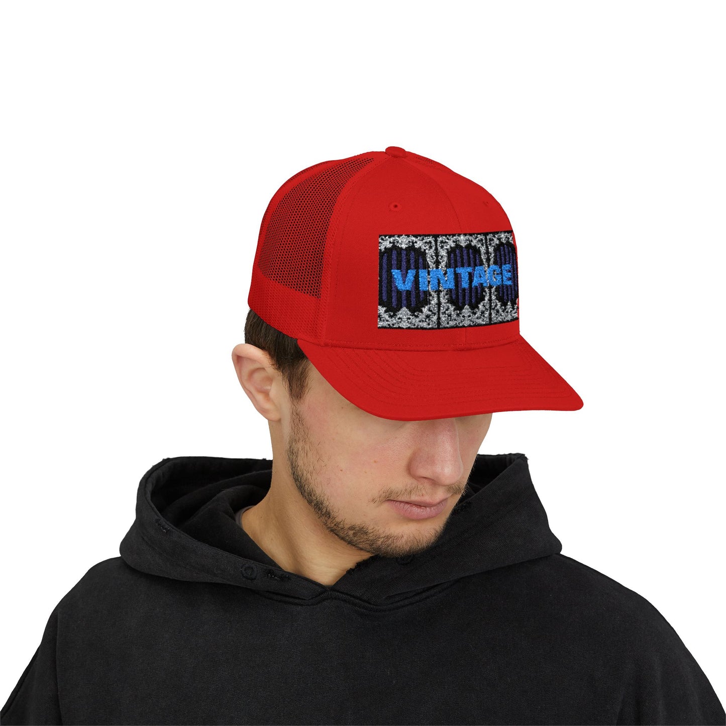 Vintage Navy Stripes & Baroque Trucker Cap — Retro 'VINTAGE' Embroidered Snapback