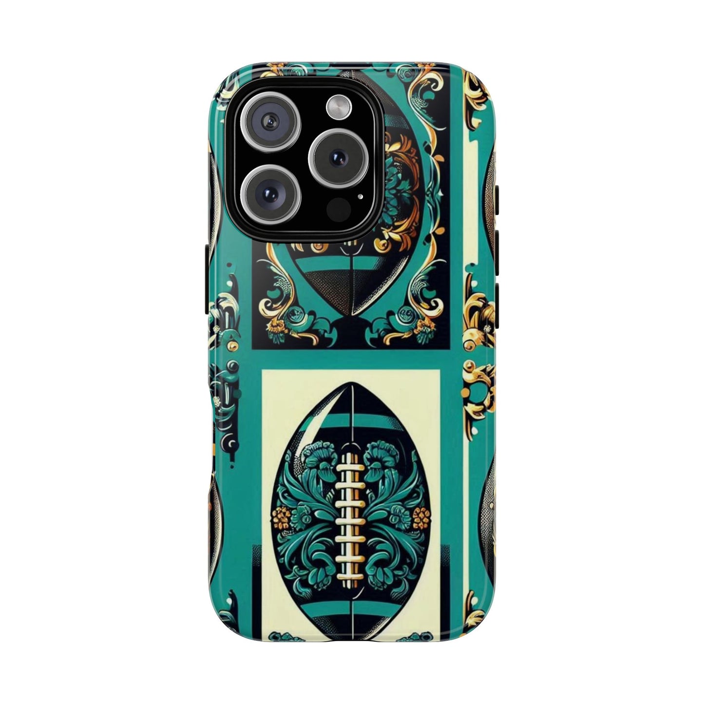 Elegant Floral Motif Phone Case - Tough Cases with Vintage Design -  Damask Teal, Gold & Black Footballs
