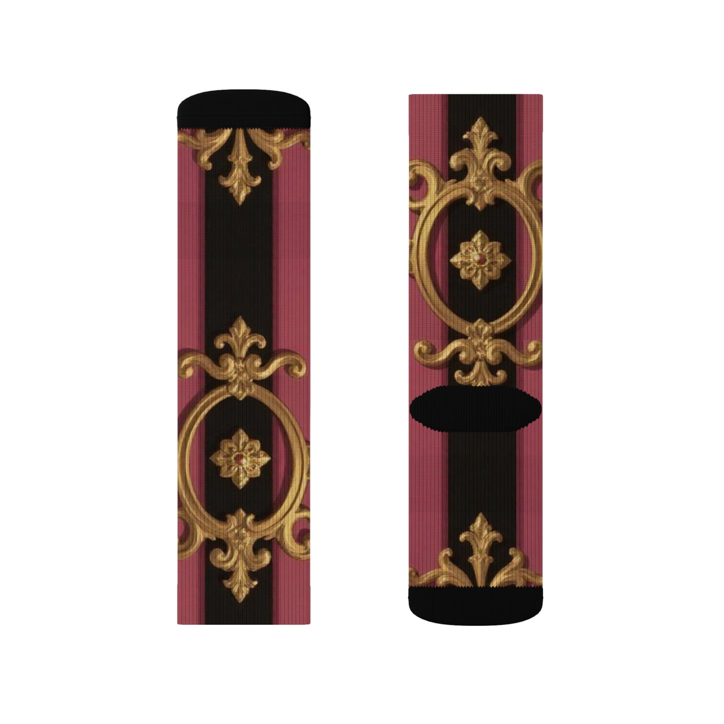 Stylish Sublimation Socks, Black & Mauve Striped Gold Baroque Fashion Socks, Unique Gift Socks, Cozy Home Socks, Trendy Footwear, Comfortable Dress Socks