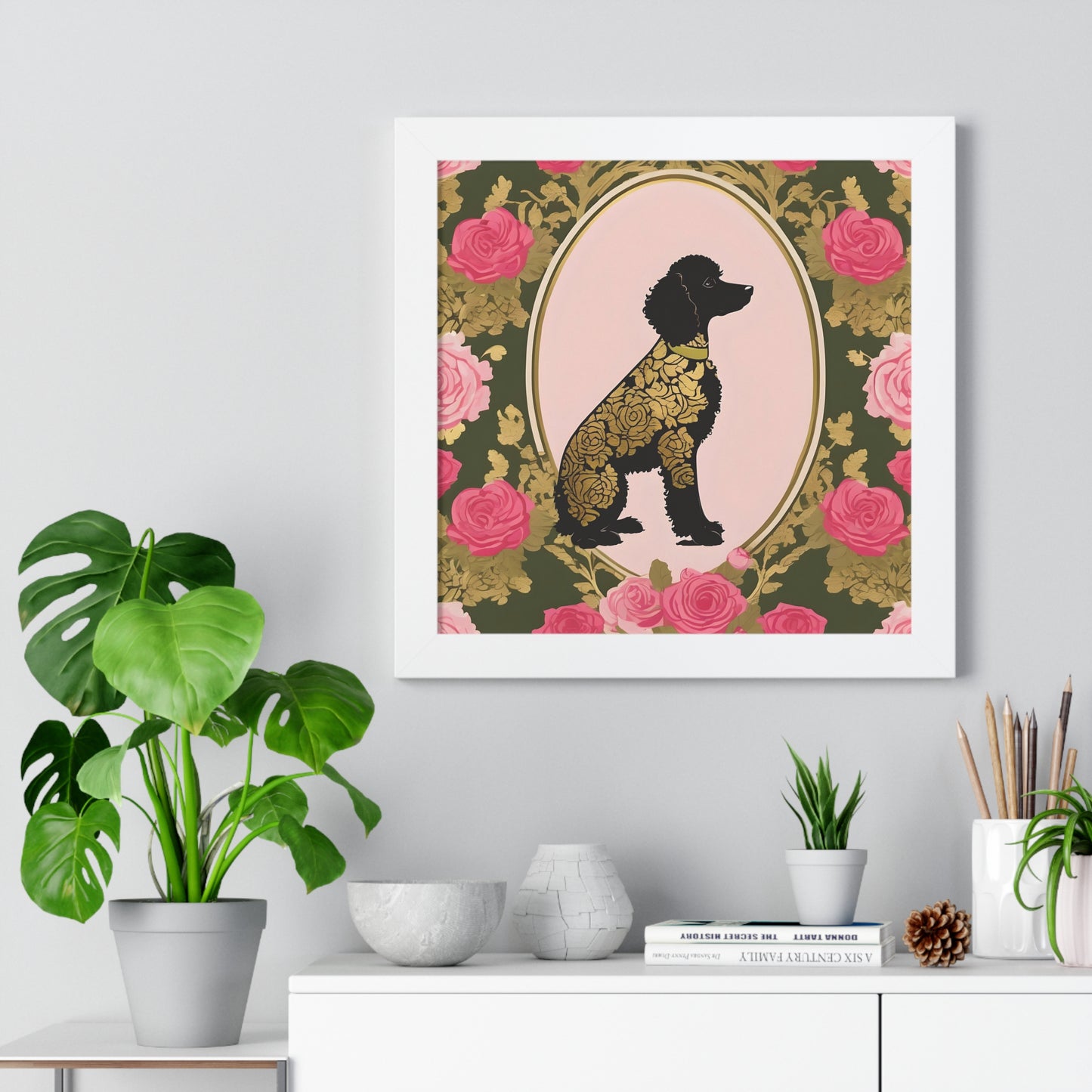 Vertical Poster - Stylish Framed - Art for Home Decor - Damask Black & Gold Poodle in Olive & Pink Roses