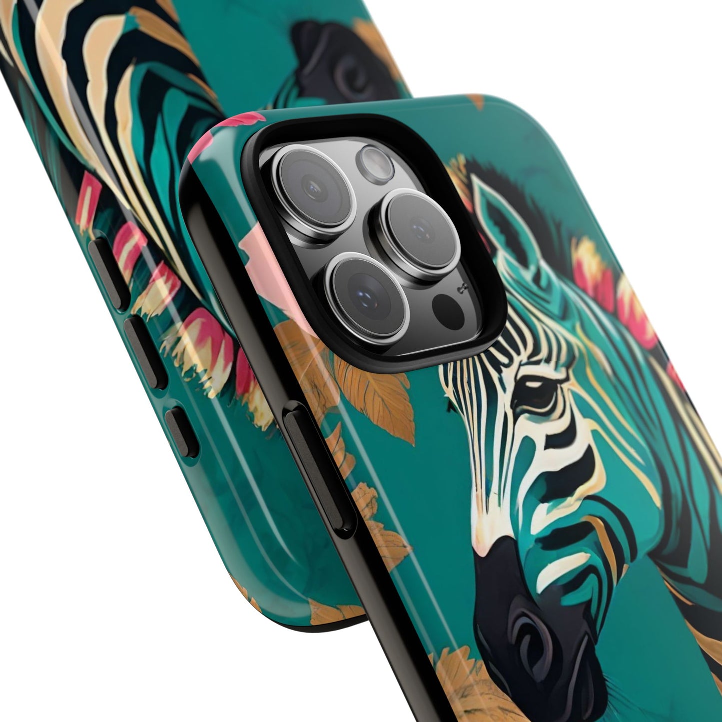 Phone Case - Elegant Teal & Gold Zebra & Roses Design