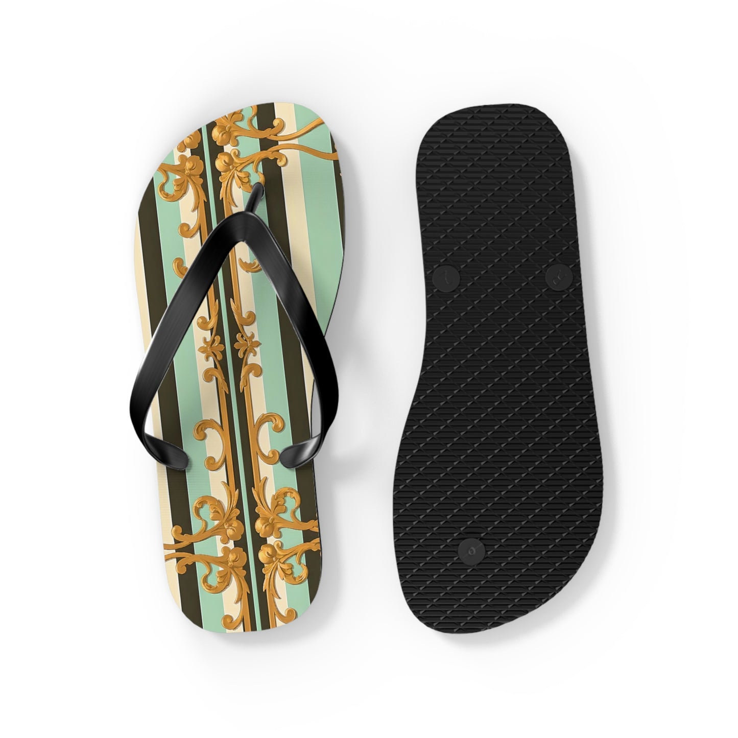 Elegant Patterned Flip Flops, Summer Sandals, Vacation Footwear, Beach Day Slippers, Festival Essentials - Black & Matte Mint Striped Rococo