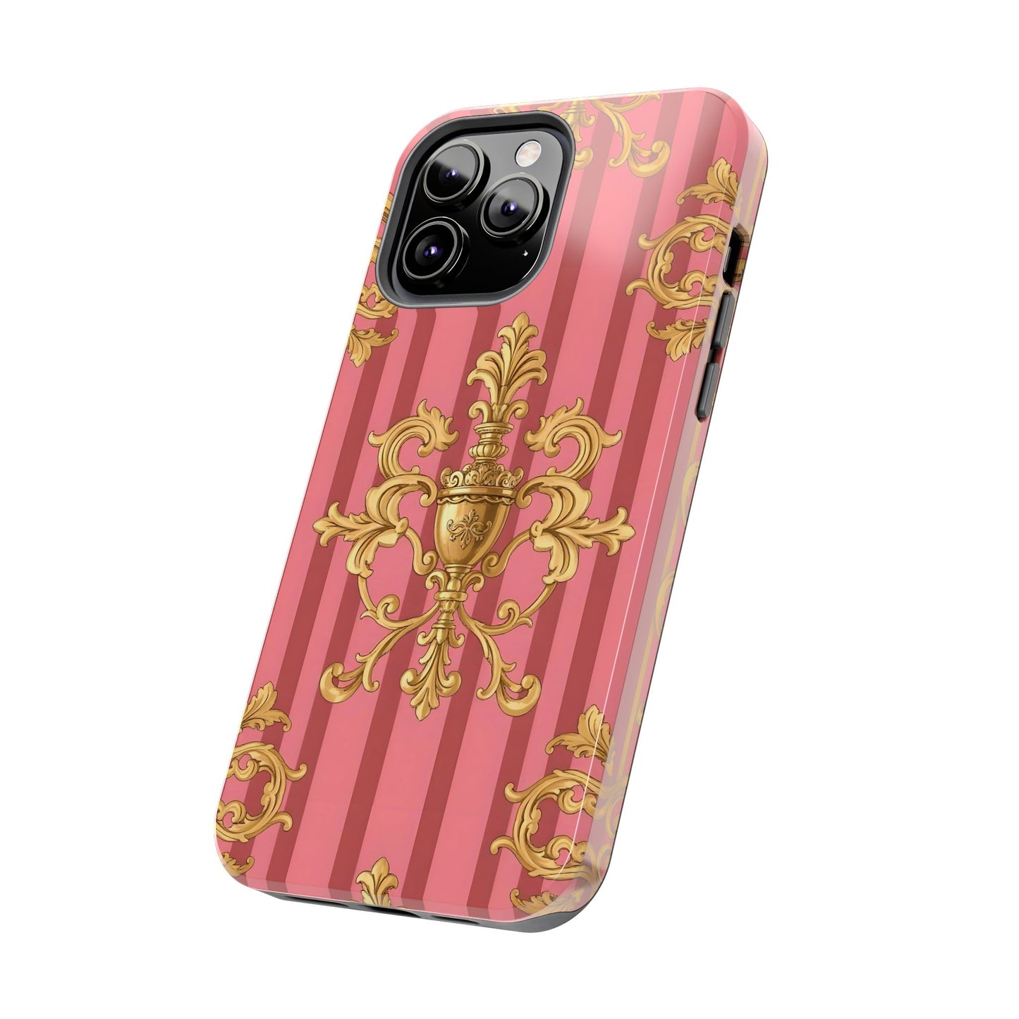 Elegant Baroque Tough Phone Cases, Durable Phone Cover, Stylish Accessory, Gift for Any Occasion - Pink Striped Gold Baroque