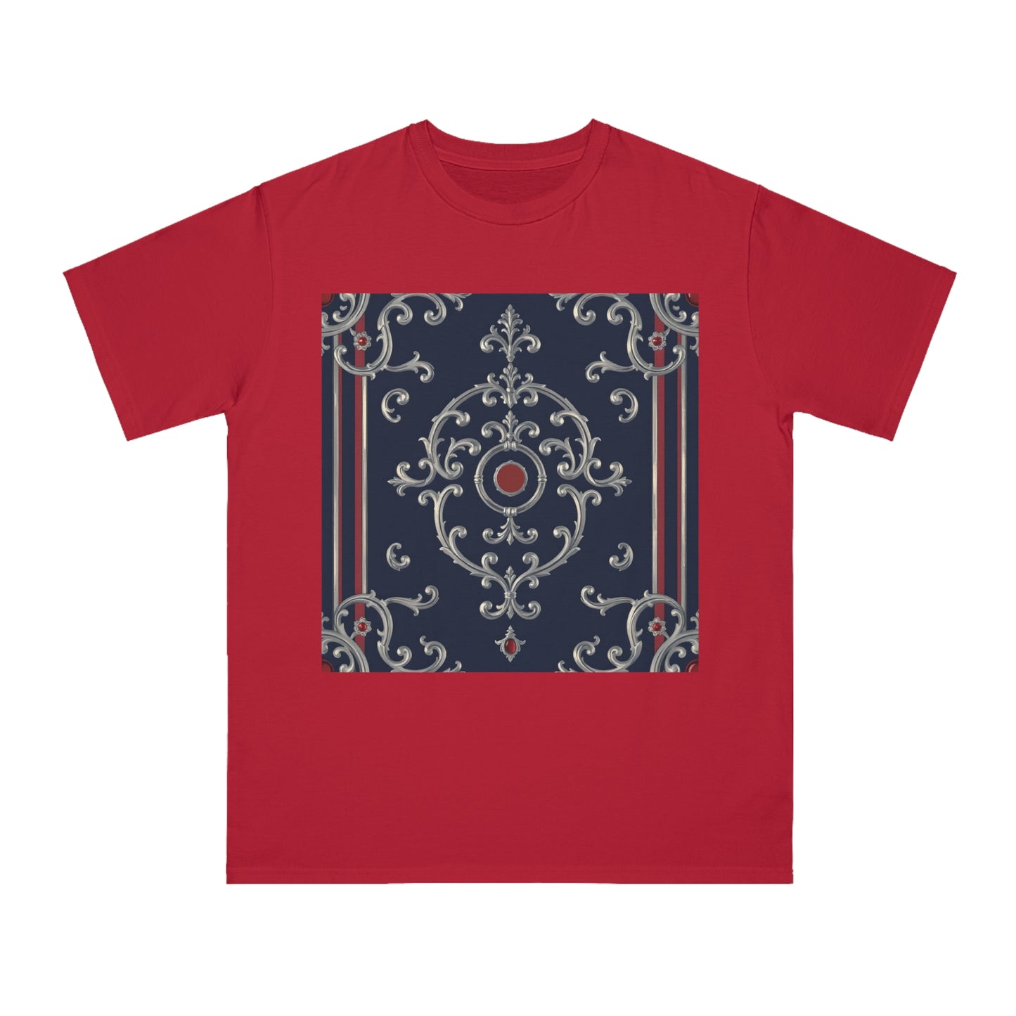 Vintage Pattern Organic Unisex T-Shirt | Baroque Style Tee, Casual Wear, Unique Gift, Eco-Friendly Fashion - Blue & Red Striped Silver Baroque