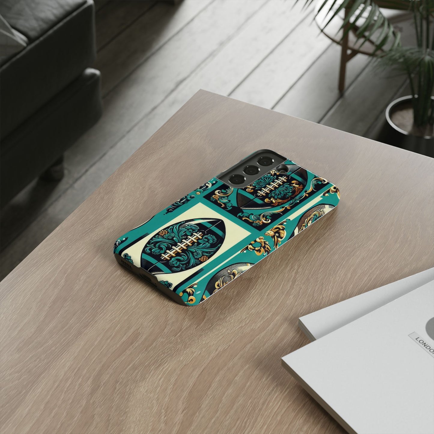 Elegant Floral Motif Phone Case - Tough Cases with Vintage Design -  Damask Teal, Gold & Black Footballs