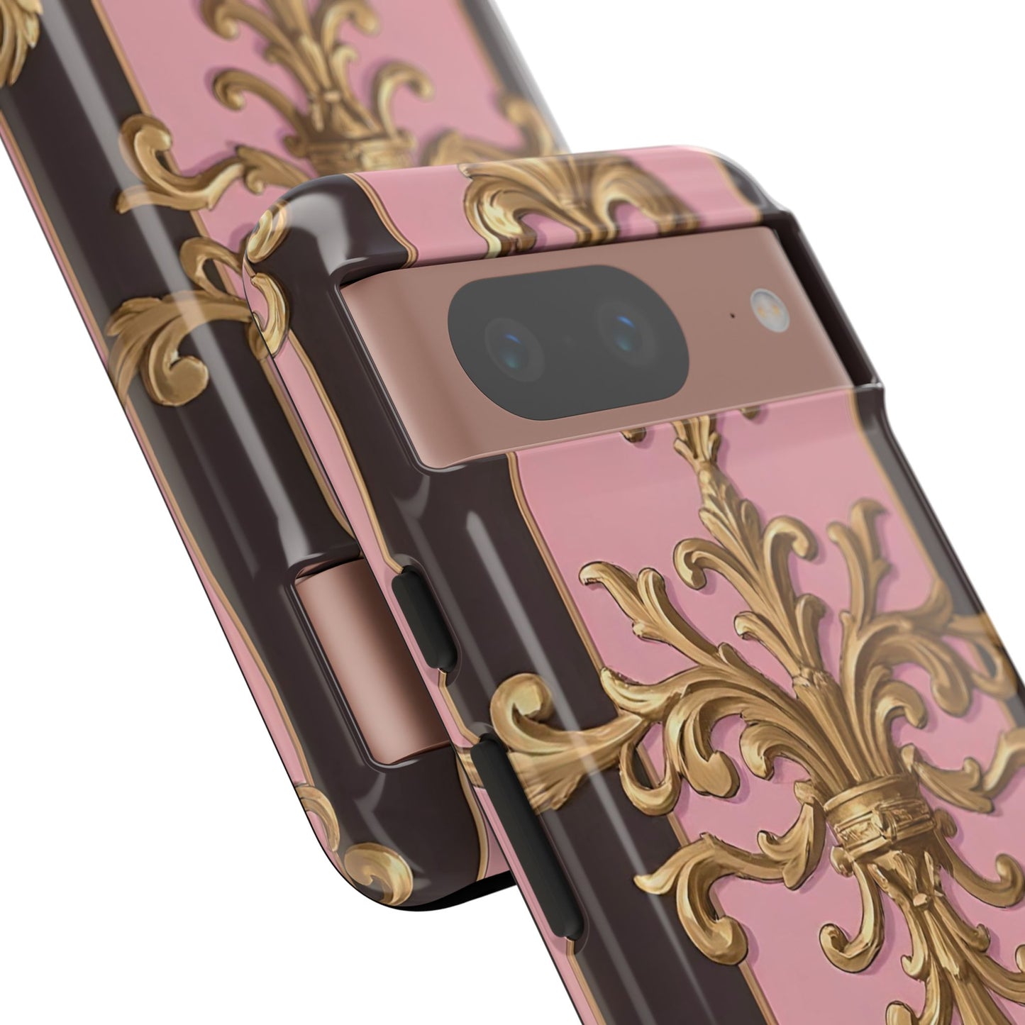 Elegant Floral Motif Phone Case - Tough Cases with Vintage Design - Pink & Brown Striped Gold Damask