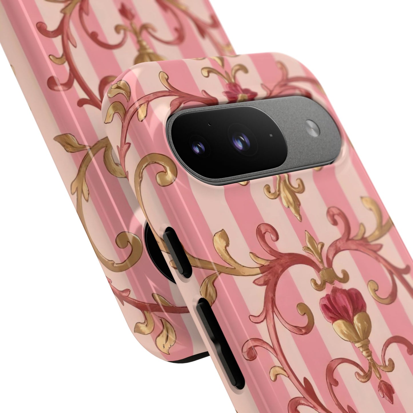 Elegant Floral Motif Phone Case - Tough Cases with Vintage Design - Pink Striped Rose Gold Damask