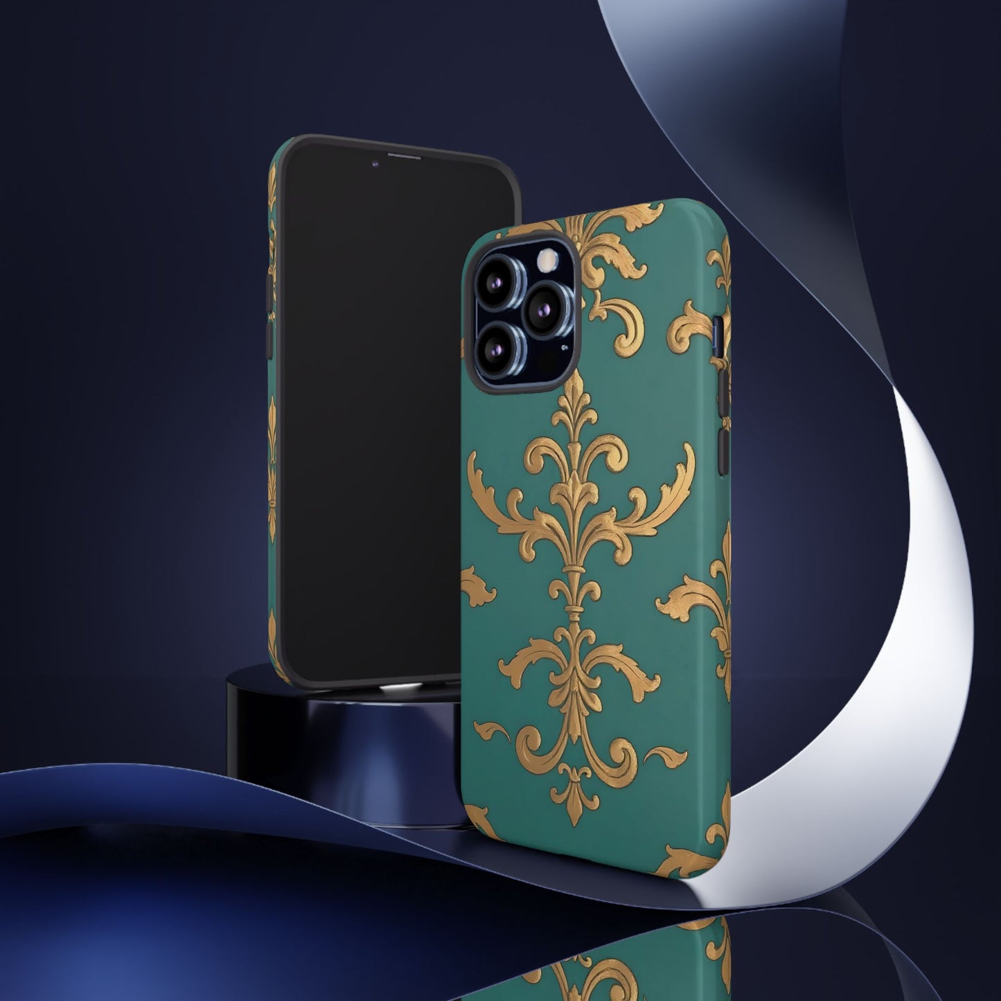 Elegant Floral Motif Phone Case - Tough Cases with Vintage Design - Aqua & Gold Damask