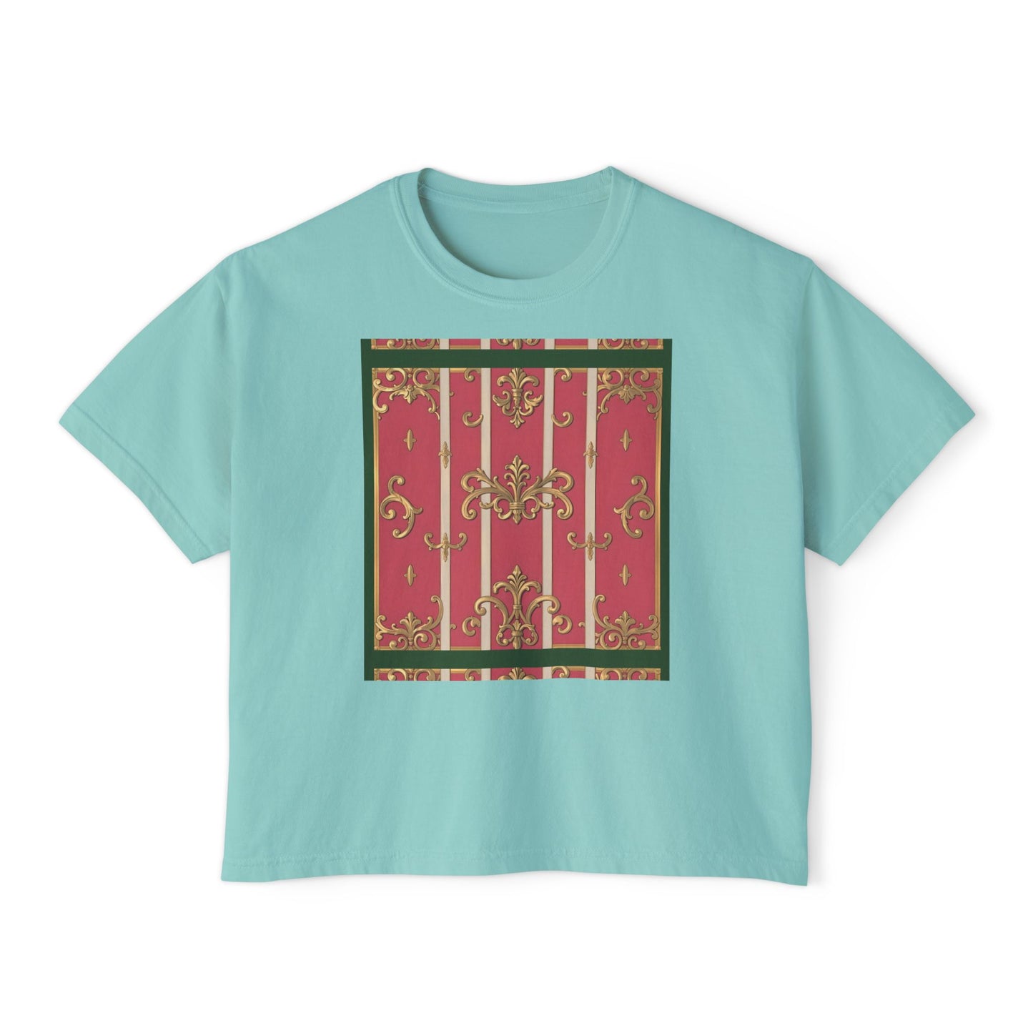 Women's Boxy Tee with Elegant Green Border Pink Striped Baroque Design, Casual Summer Top, Gift for Her, Trendy T-Shirt, Stylish Everyday Wear