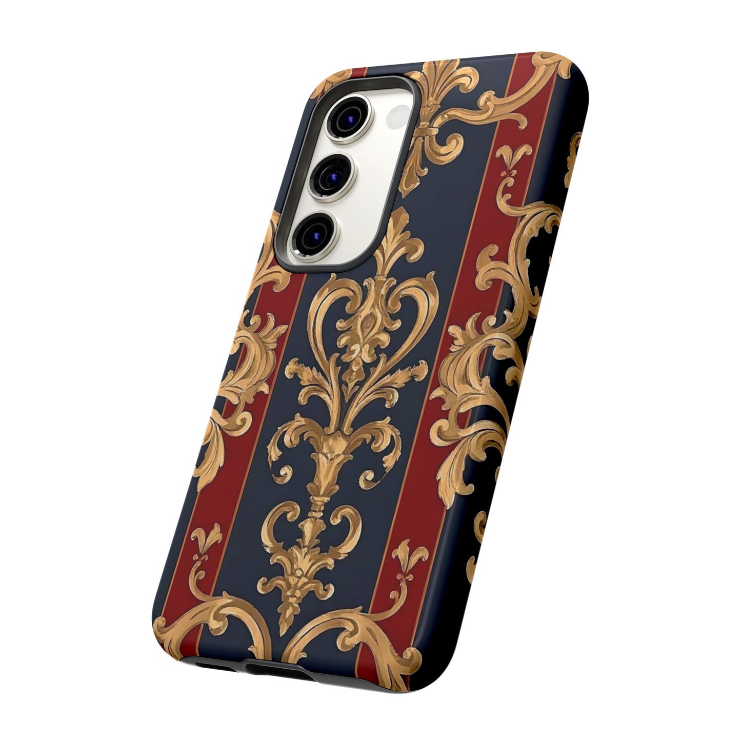 Elegant Floral Motif Phone Case - Tough Cases with Vintage Design - Midnight Blue & Dusk Red Striped Gold Damask