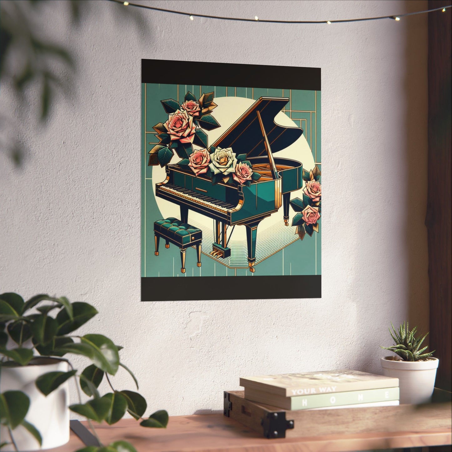 Vertical Poster - Teal Grand Piano & Roses Design