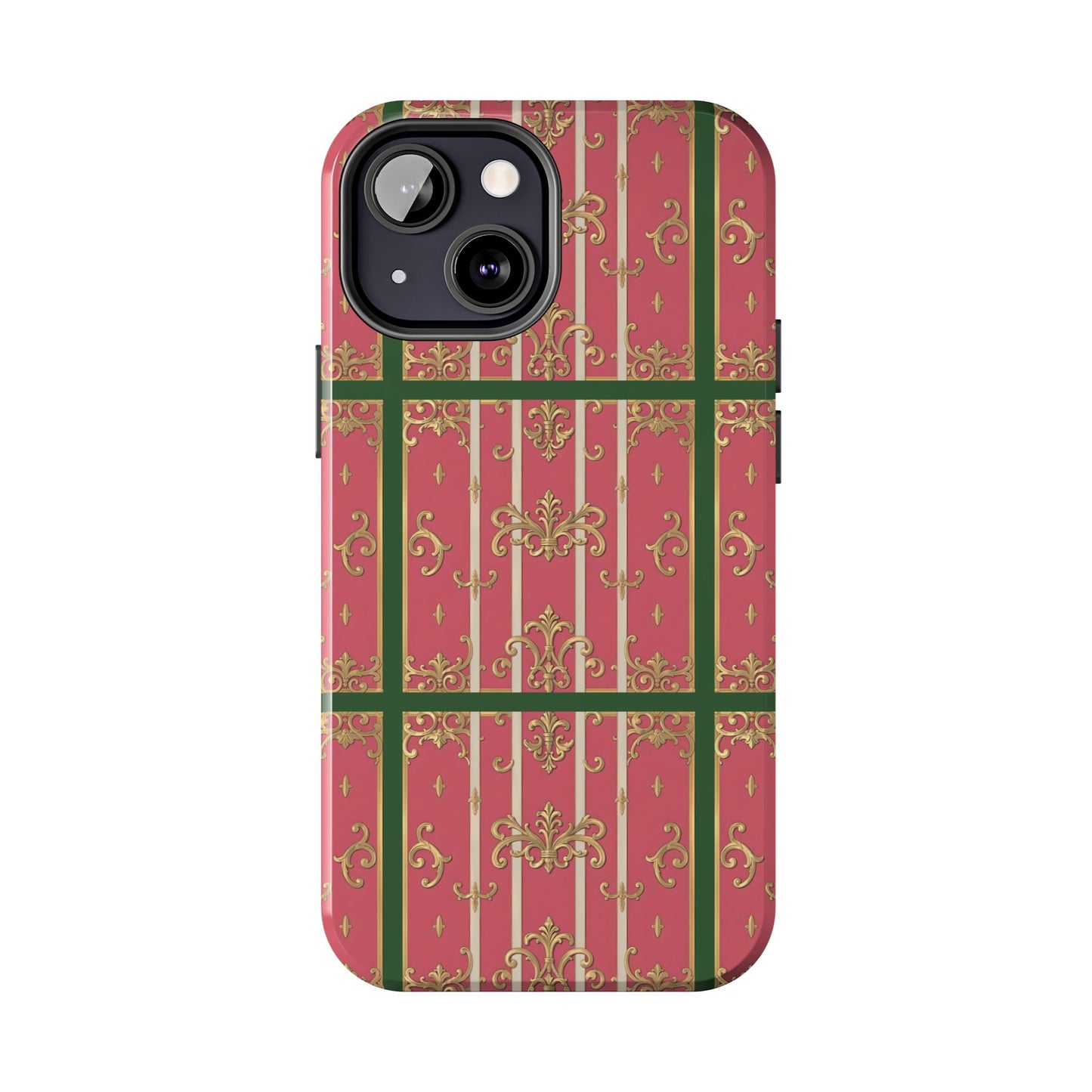 Elegant Green Border Pink Striped Baroque Phone Cases, Tough Phone Cases for Protection, Stylish Mobile Accessories, Gift for Her, Holiday Tech Gifts