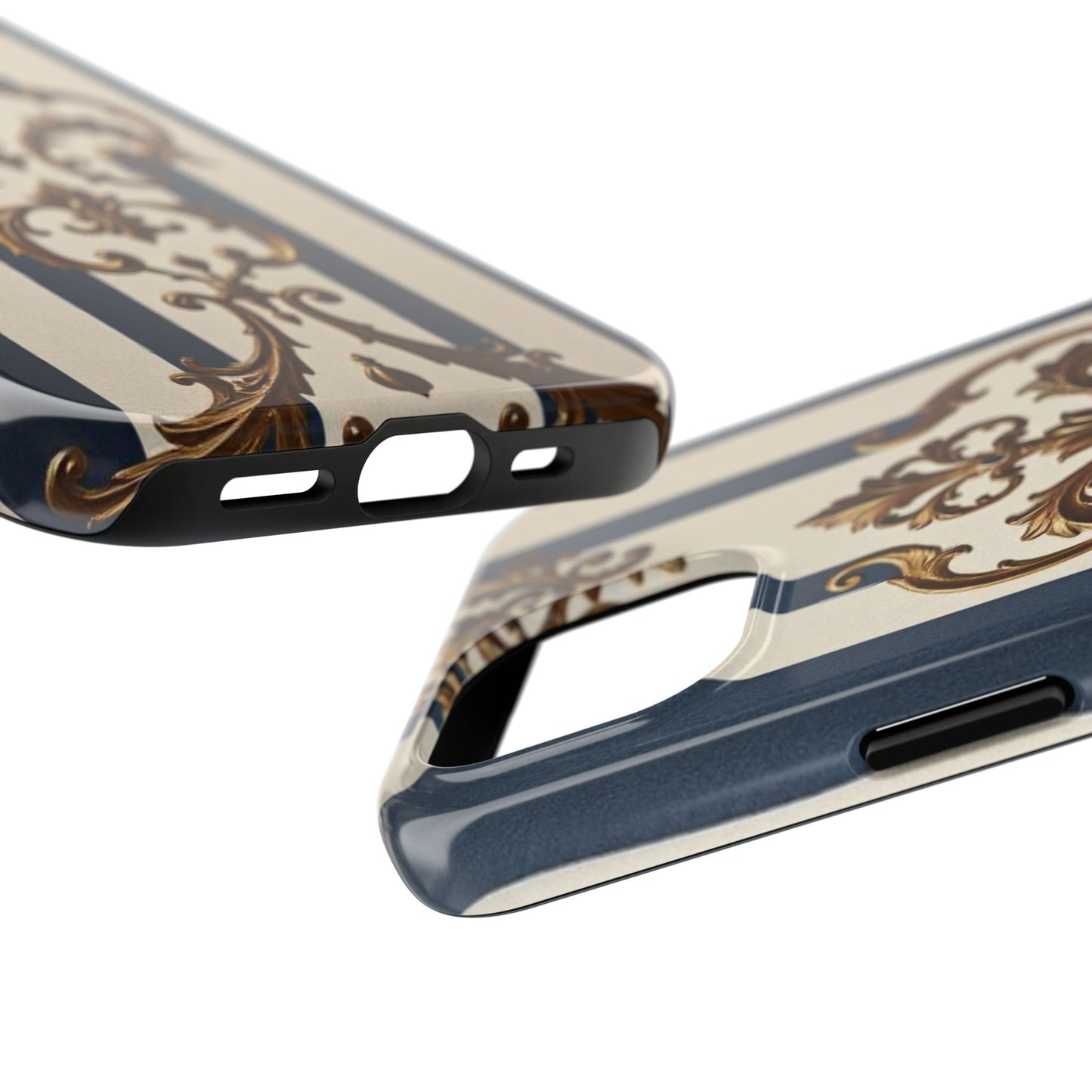 Damask Tough Phone Case - Alabaster & Blue Striped Damask