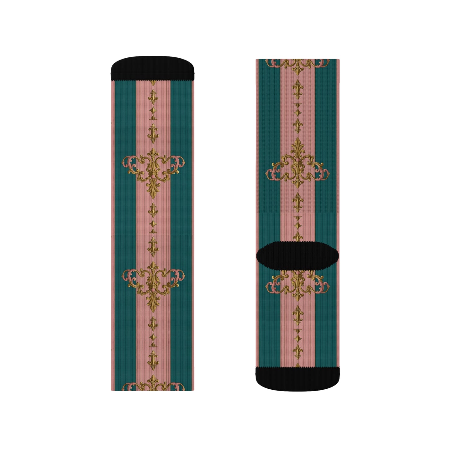 Chic Sublimation Socks, Fashion Accessories, Gift for Her, Trendy Socks, Unique Design, Casual Wear - Pink & Teal Striped Gold Baroque