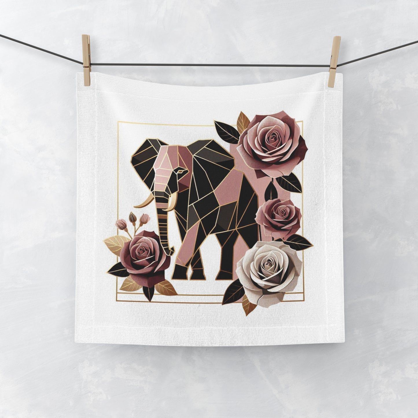 Face Towel - Floral Elephant-Inspired Softness - Brown & Mauve Elephant & Roses Design
